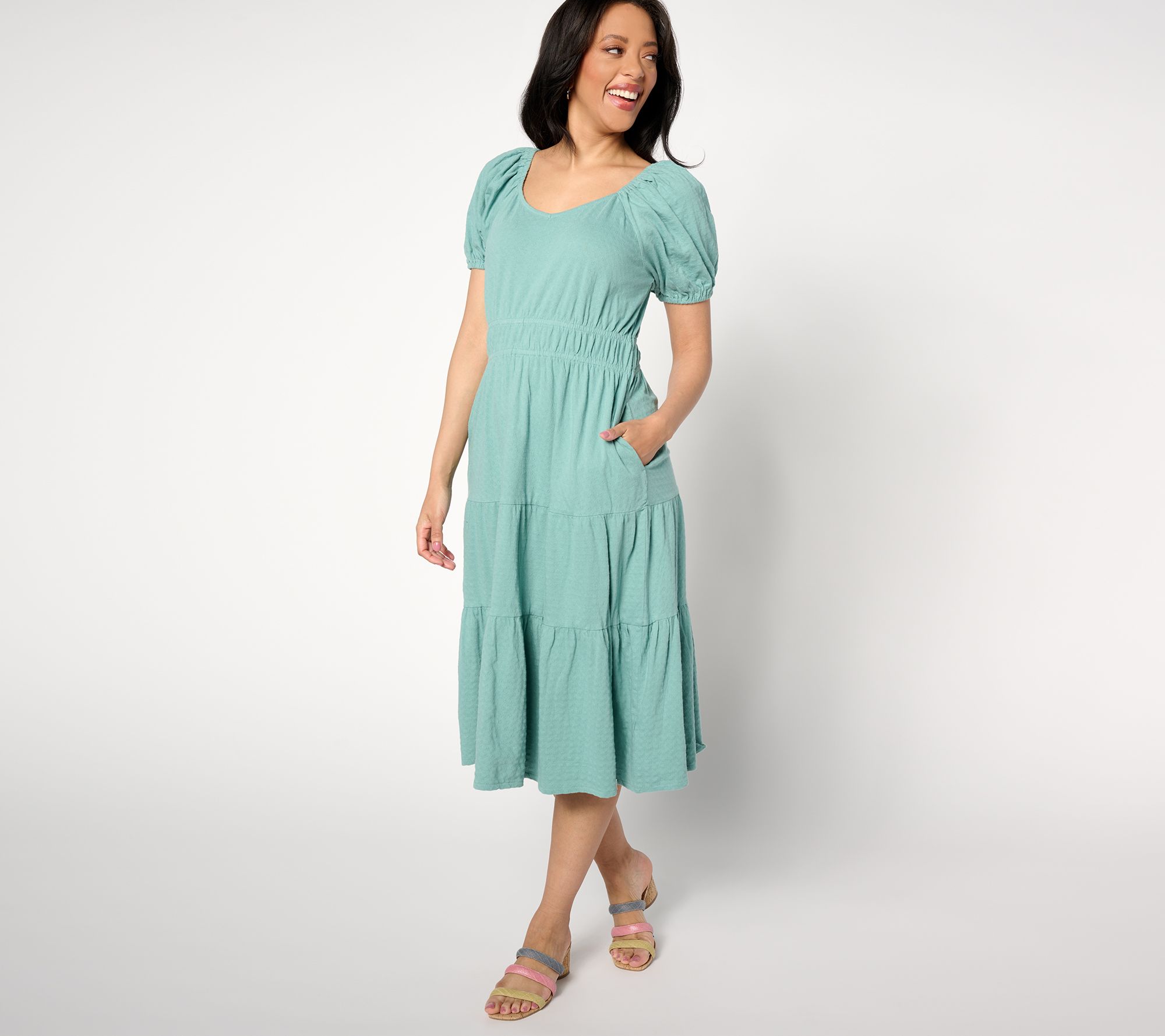 Destination 365 Petite Puff Sleeve Sweetheart Midi Dress