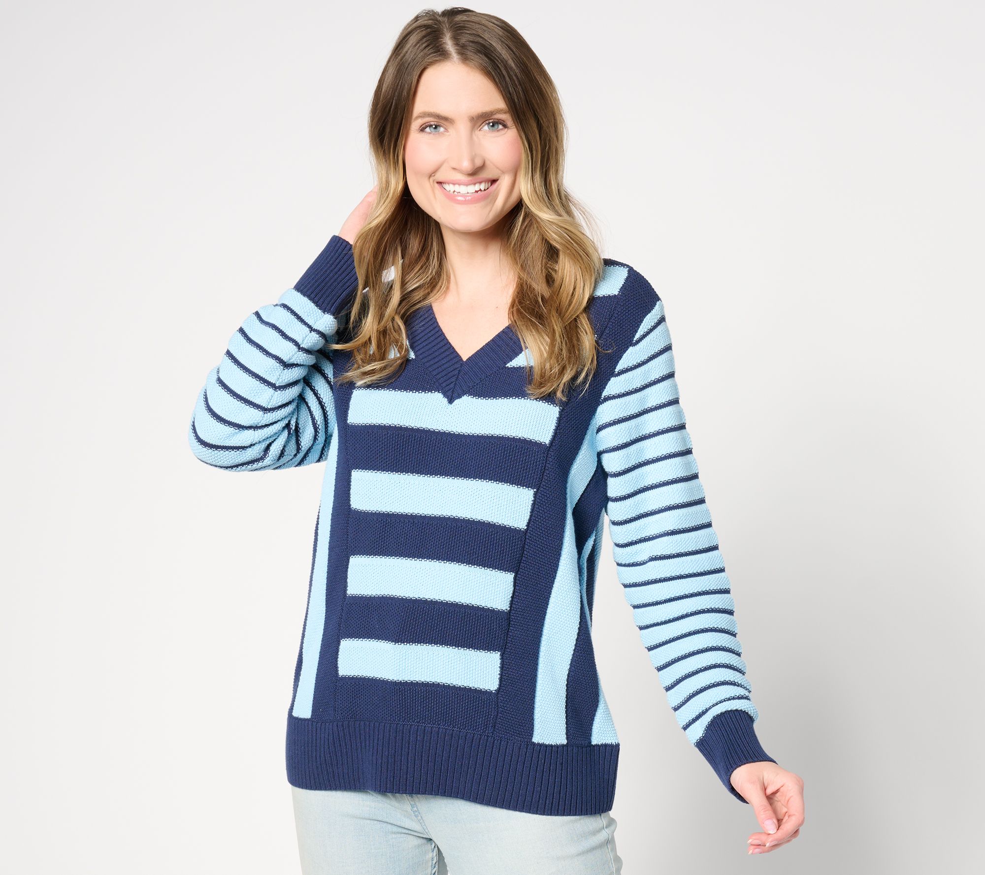 Sport Savvy Mixed Stripe V-Neck Cotton Sweater