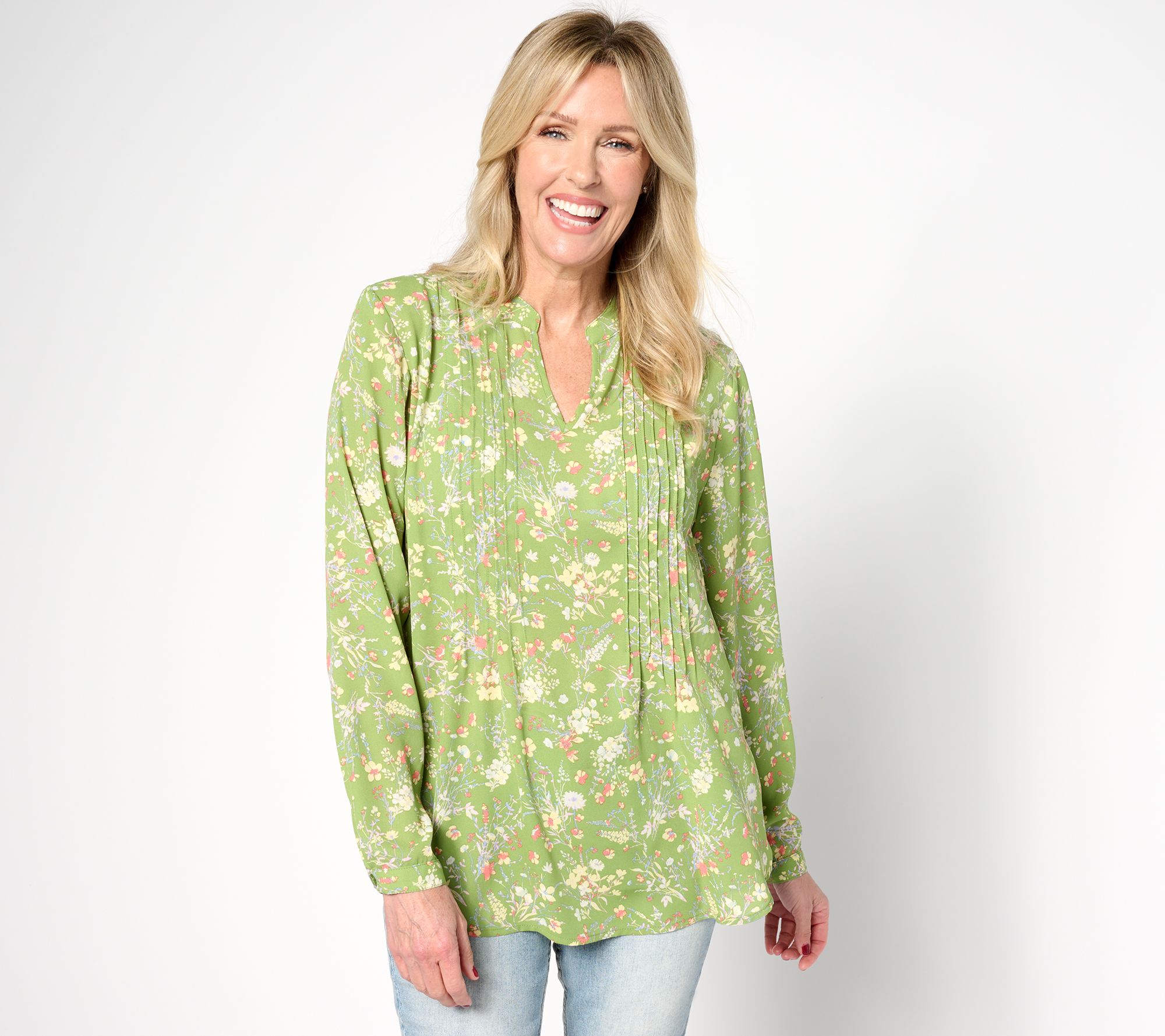 "As Is" Joan Rivers Printed Floral Textured Woven V Neck Blouse