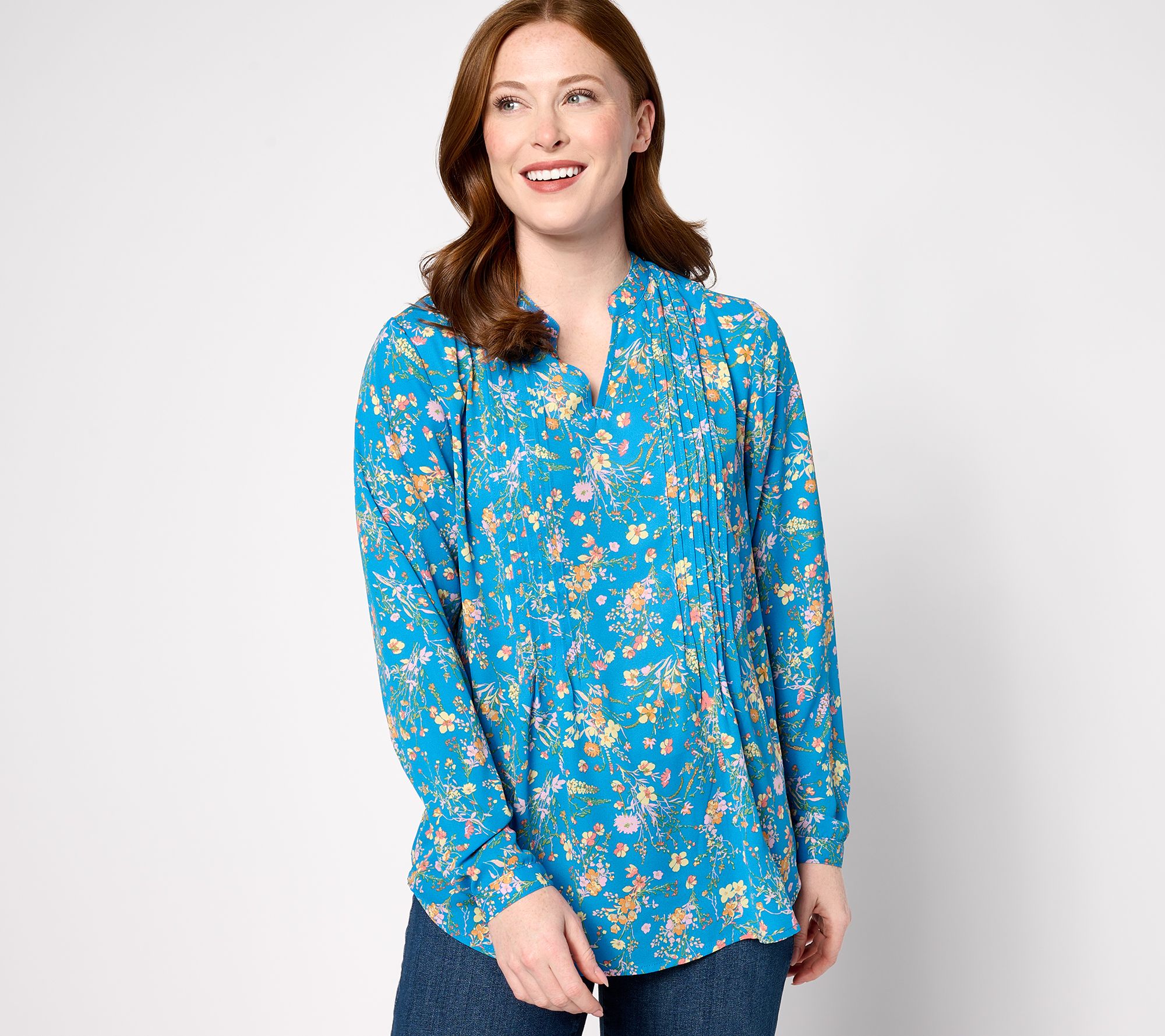 "As Is" Joan Rivers Printed Floral Textured Woven V Neck Blouse