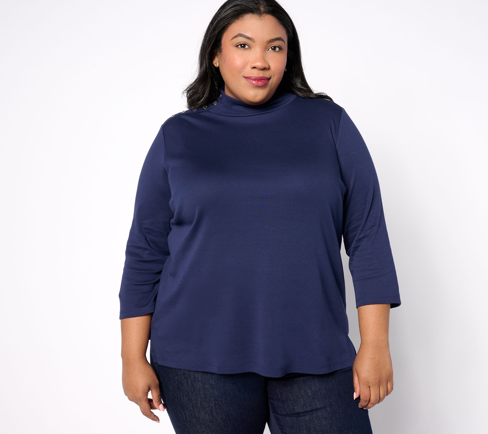 Isaac Mizrahi Live! Estate Mock Neck 3/4 Sleeve Cotton Top