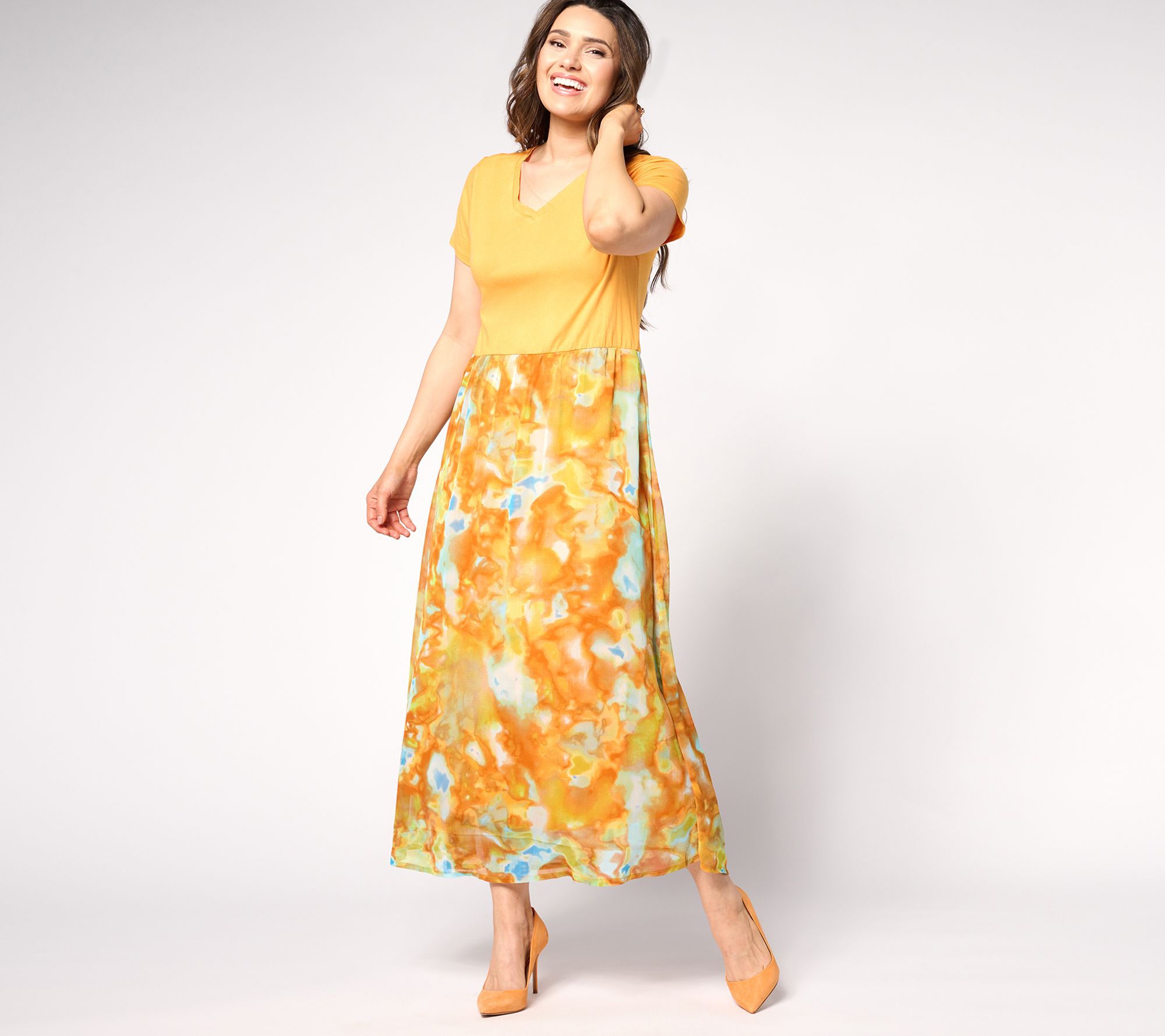 "As Is" LOGO by Lori Goldstein Regular Print & Solid V-Neck Dress