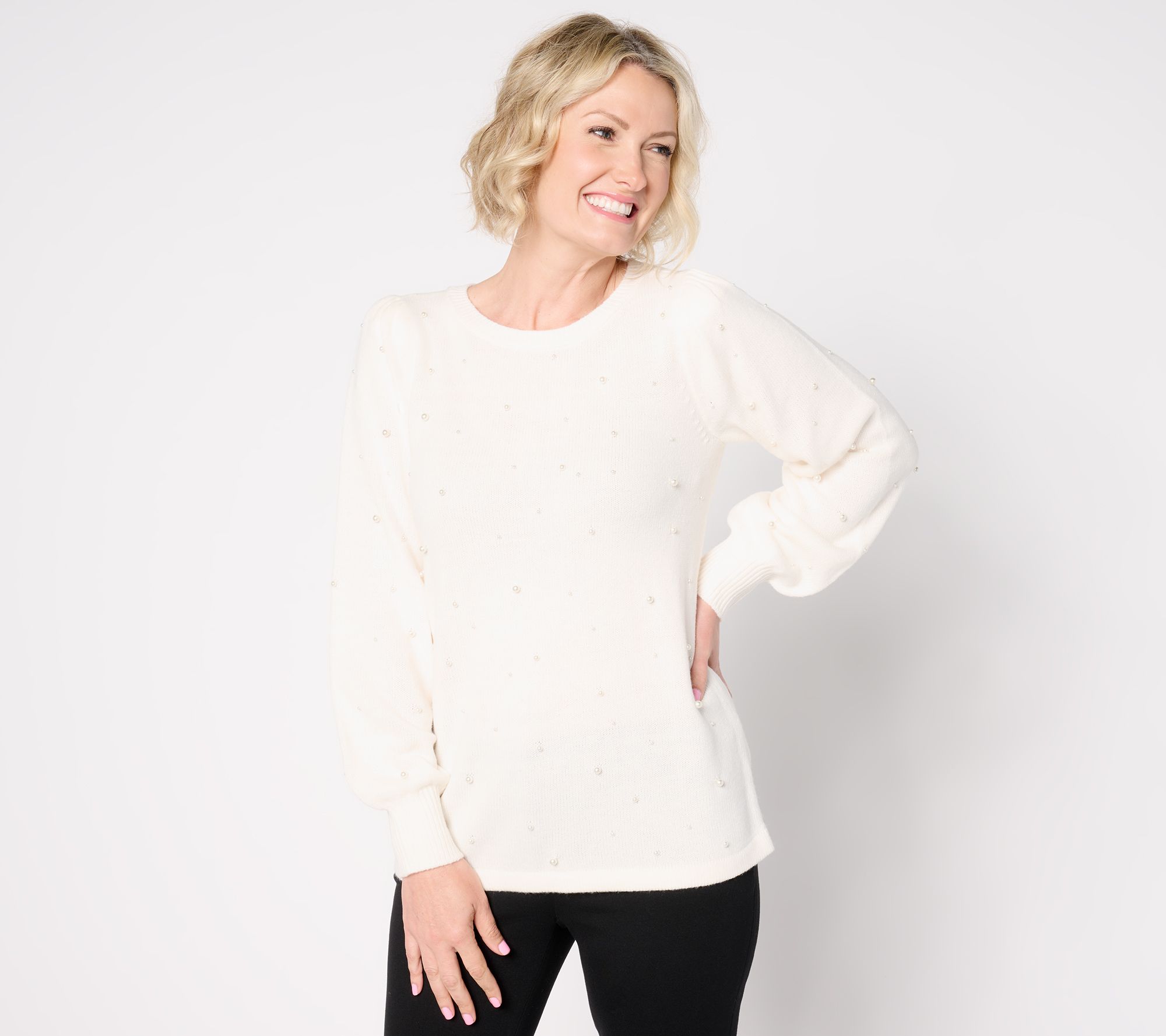 Dennis Basso Fashion Sweater with Simulated Pearl Embellishment