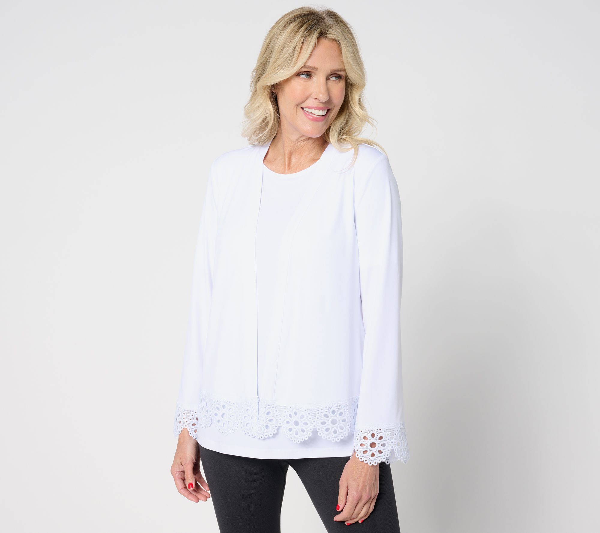 "As Is" Susan Graver Liquid Knit 3/4 Sleeve Shrug with Lace Accents