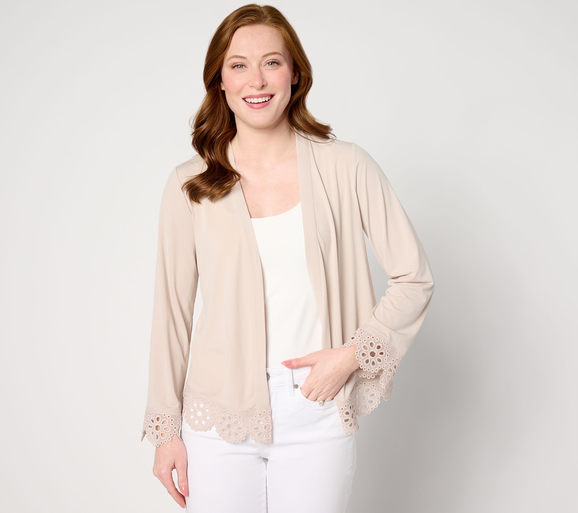 "As Is" Susan Graver Liquid Knit 3/4 Sleeve Shrug with Lace Accents