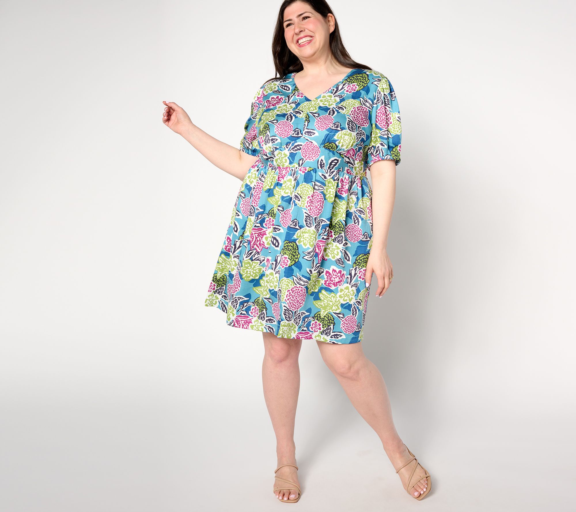 "As Is" AnyBody Petite Printed Puff Sleeve Woven Dress