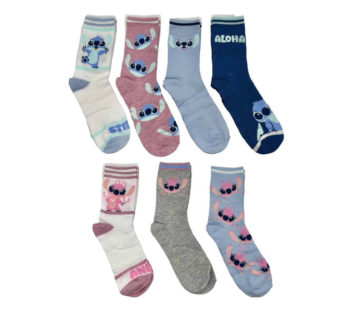 Disney Ladies' Boxed Stitch & Angel Crew Sock S et - 7 Pairs