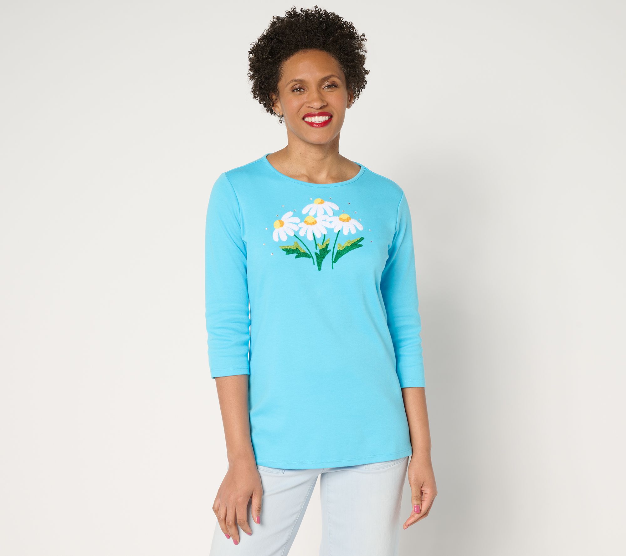 Quacker Factory Springtime Punch Needle Daisy 3/4-Sleeve Top