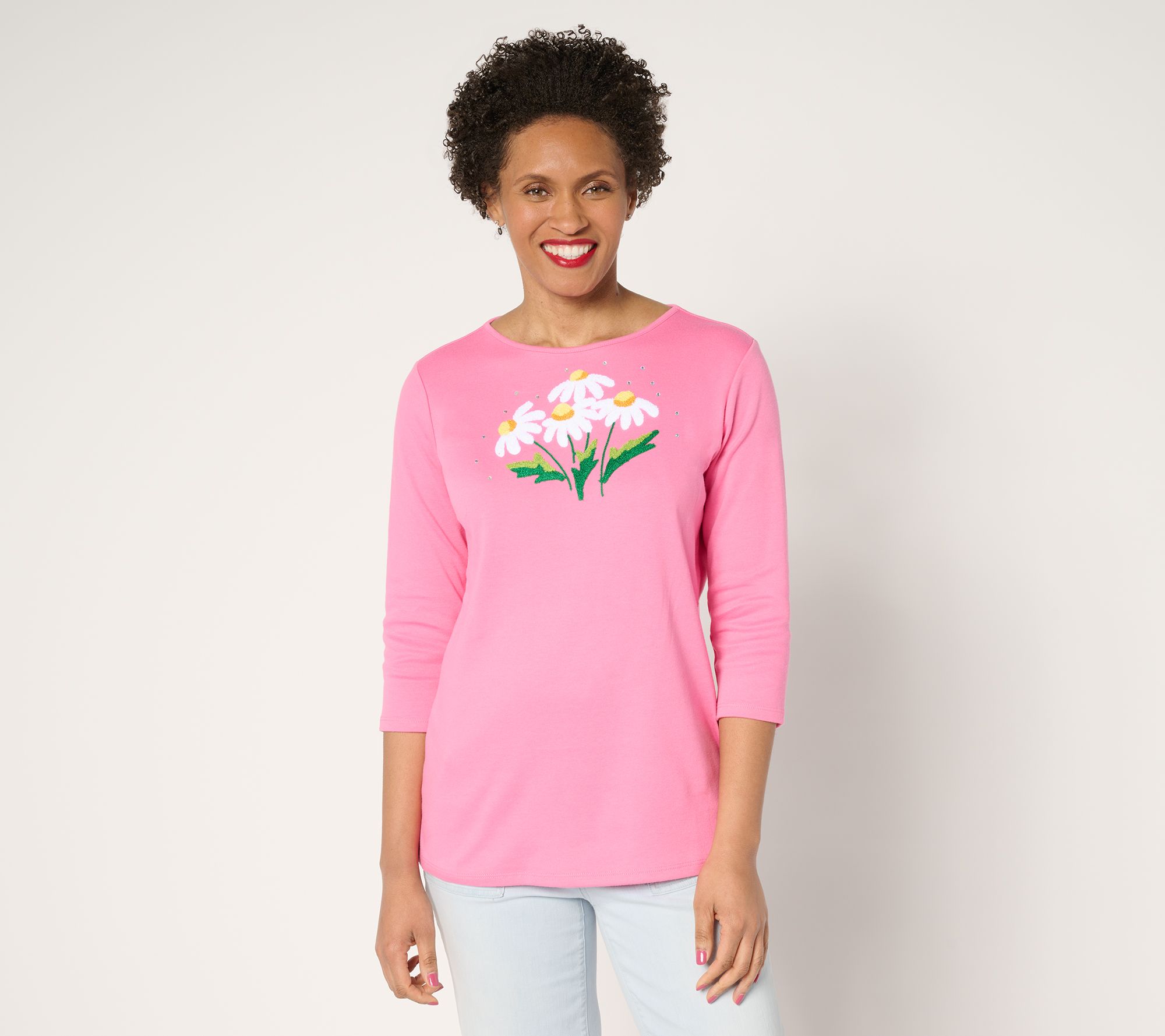 Quacker Factory Springtime Punch Needle Daisy 3/4-Sleeve Top