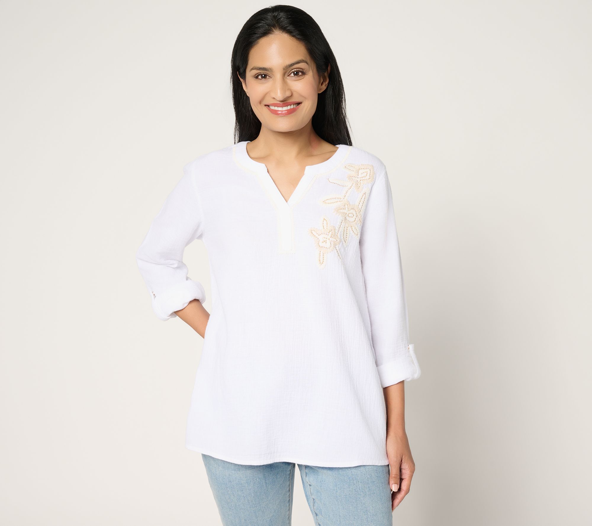 Susan Graver PURE Regular Getaway Gauze Embroidered Tunic