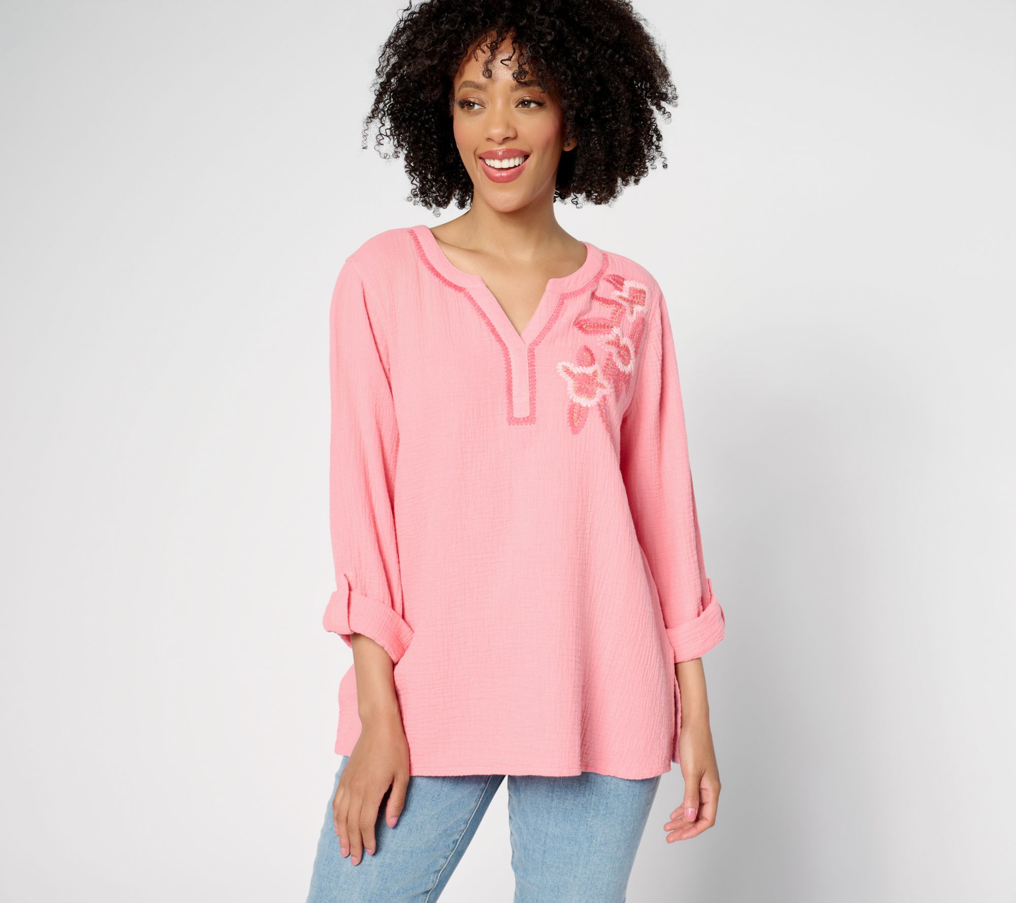 Susan Graver PURE Regular Getaway Gauze Embroidered Tunic
