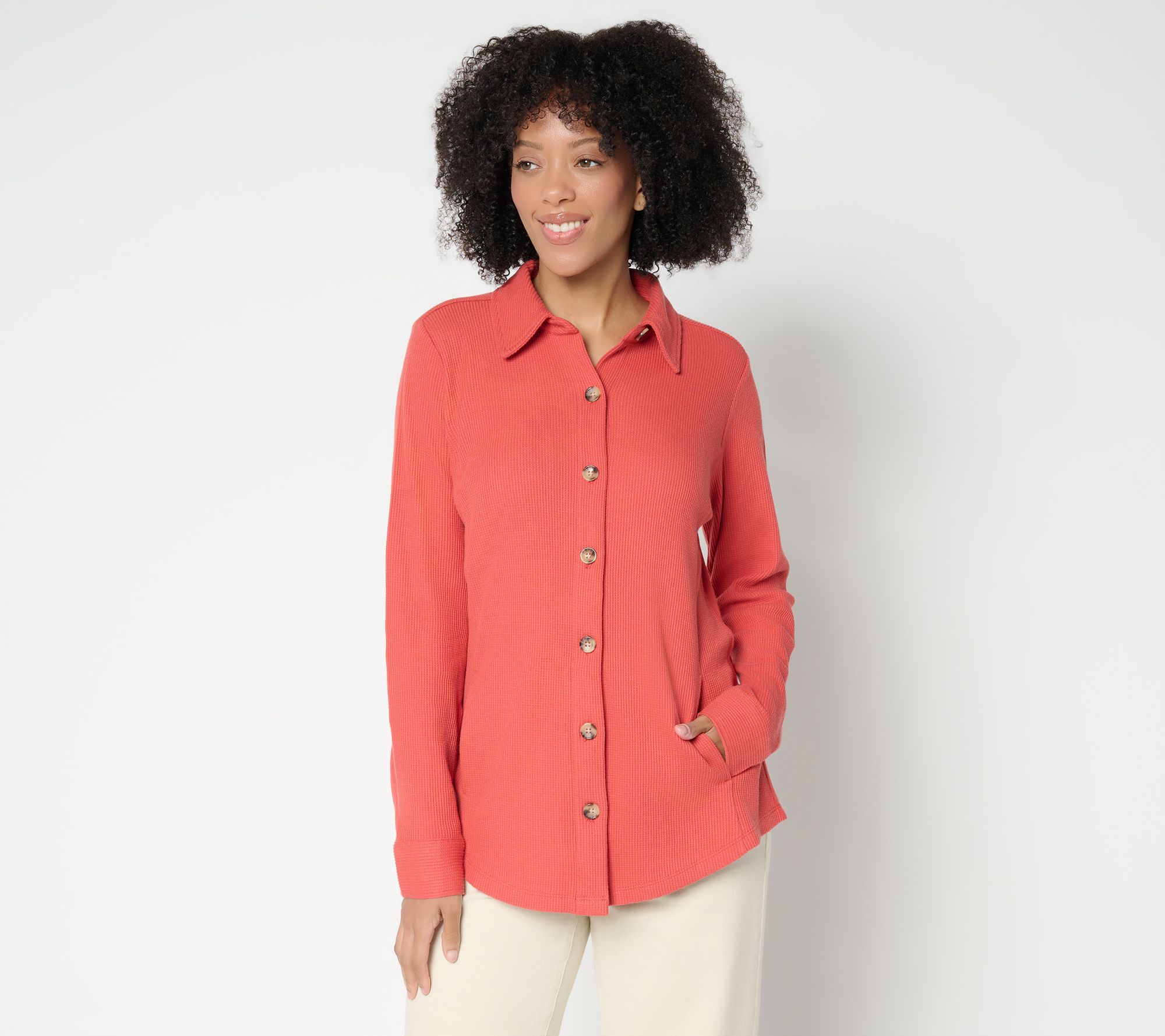 Belle by Kim Gravel Petite Waffle Knit & Jersey Button Front Top
