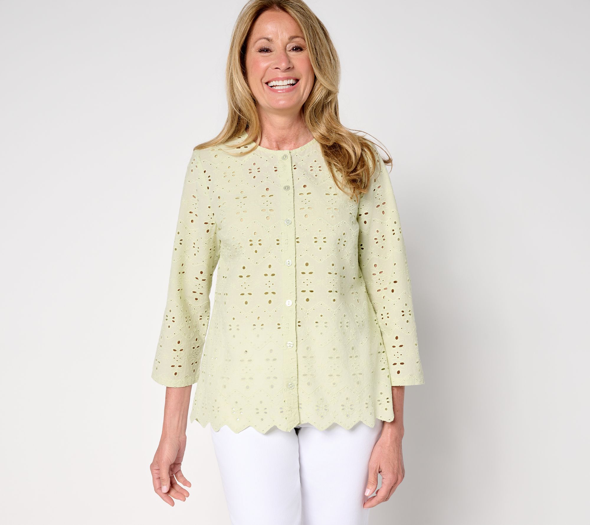 LOGO Lavish by Lori Goldstein Eyelet Button Front Cotton Top