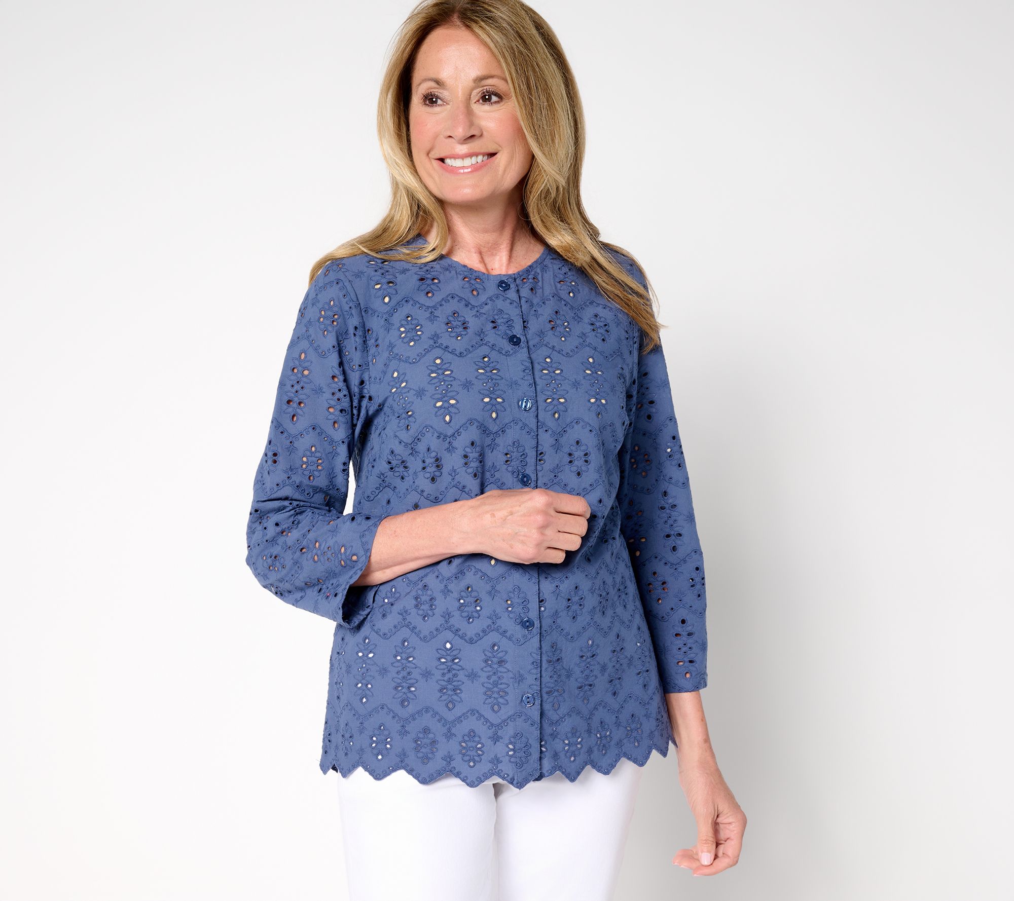 LOGO Lavish by Lori Goldstein Eyelet Button Front Cotton Top