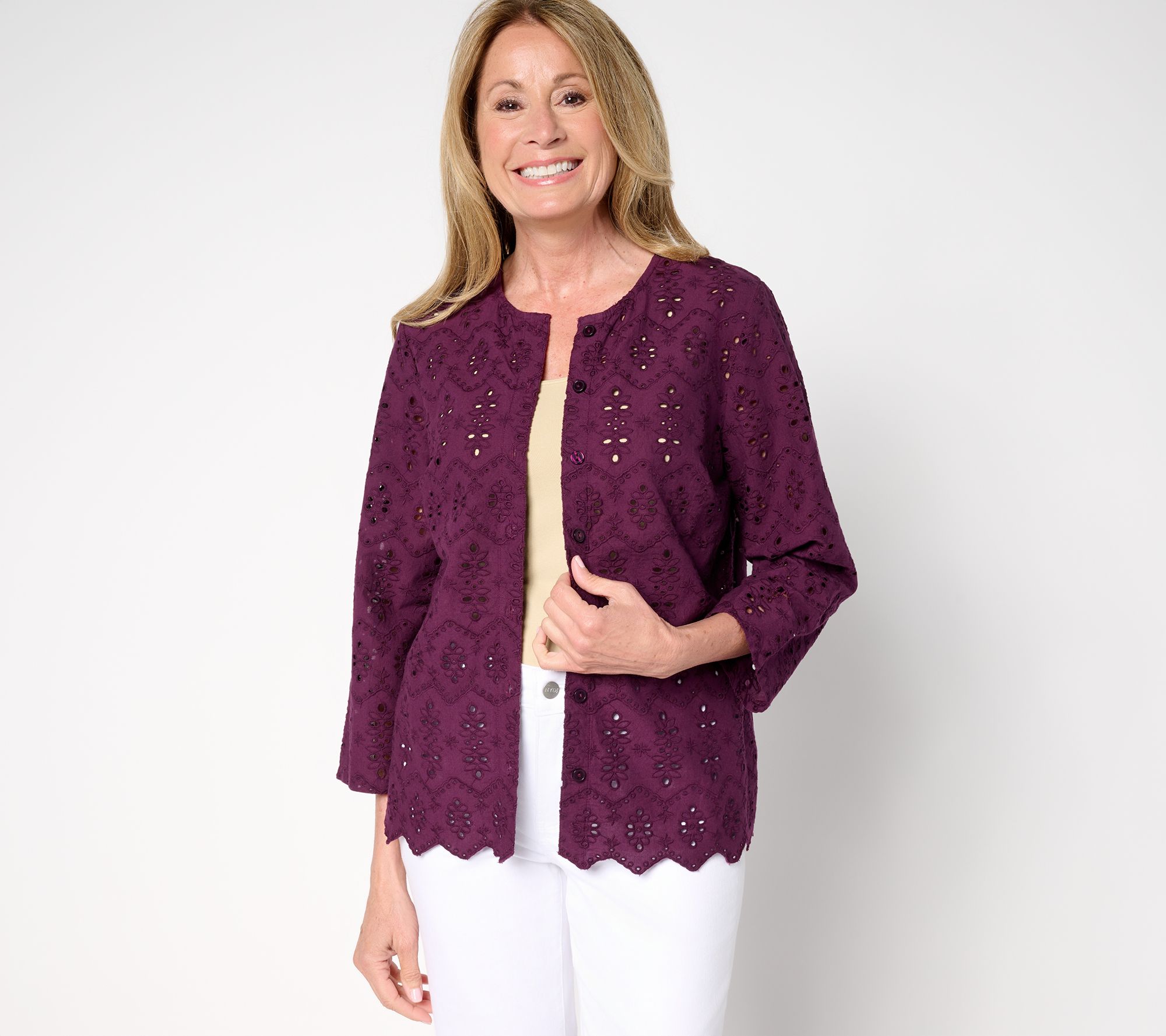 LOGO Lavish by Lori Goldstein Eyelet Button Front Cotton Top