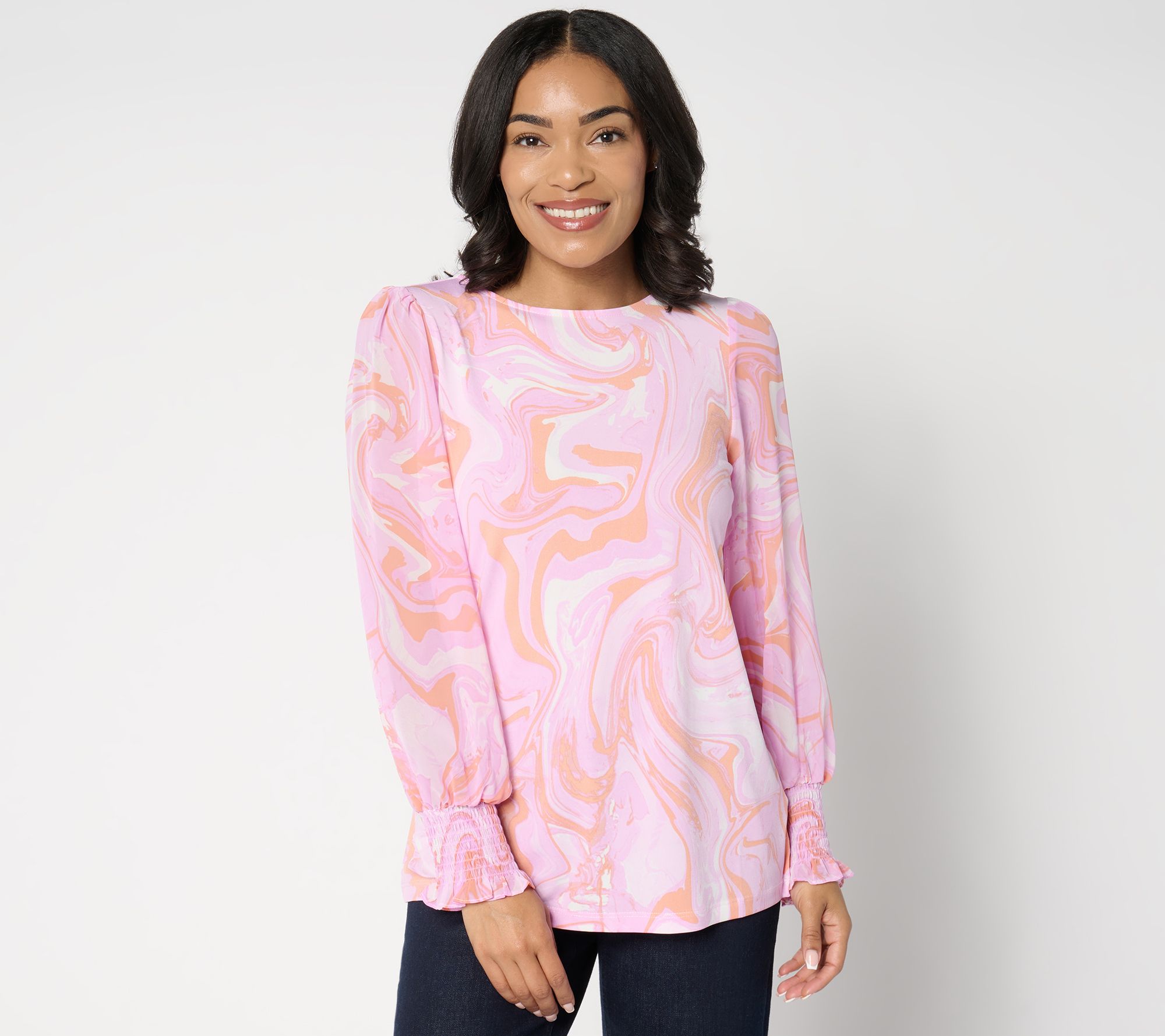 "As Is" Susan Graver Printed Liquid Knit Top with Woven Blouson Sleeves