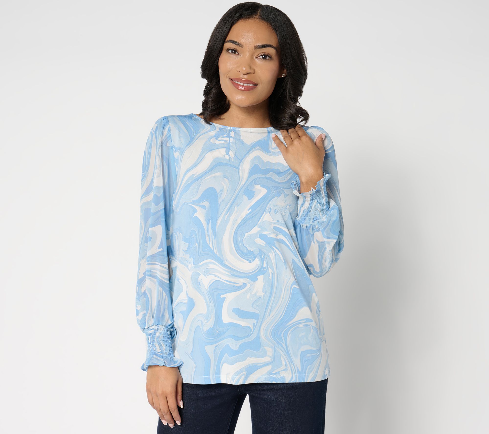 "As Is" Susan Graver Printed Liquid Knit Top with Woven Blouson Sleeves