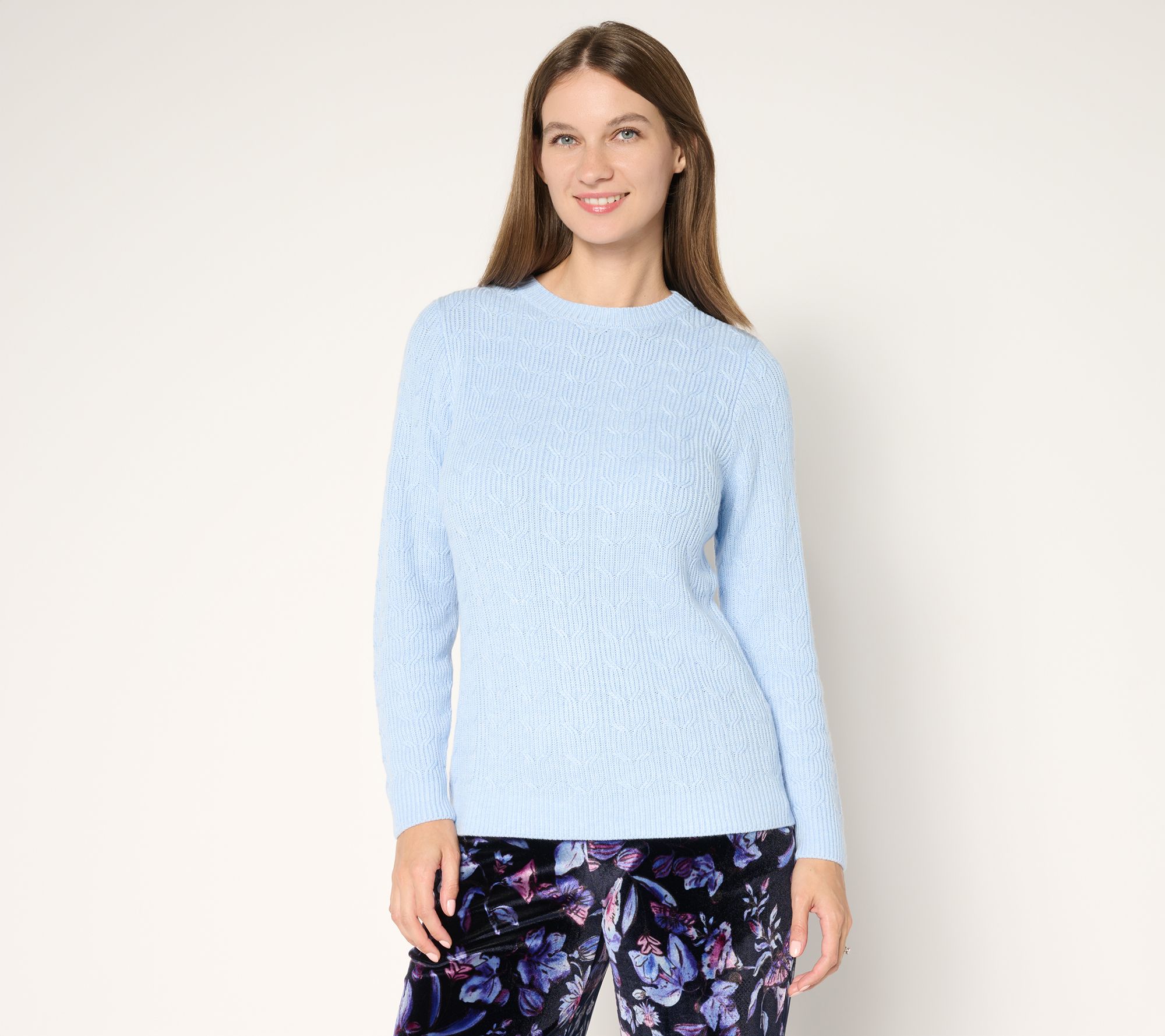 Susan Graver Heathered Crew Neck Cable Sweater