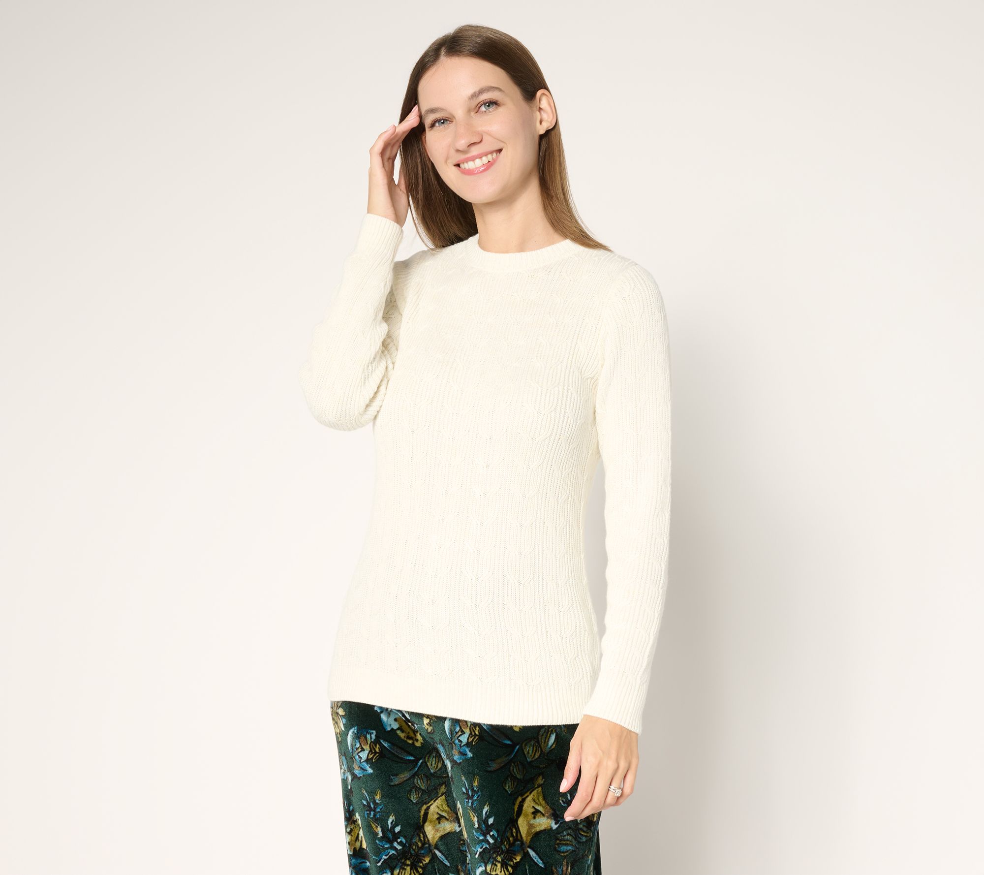 Susan Graver Heathered Crew Neck Cable Sweater