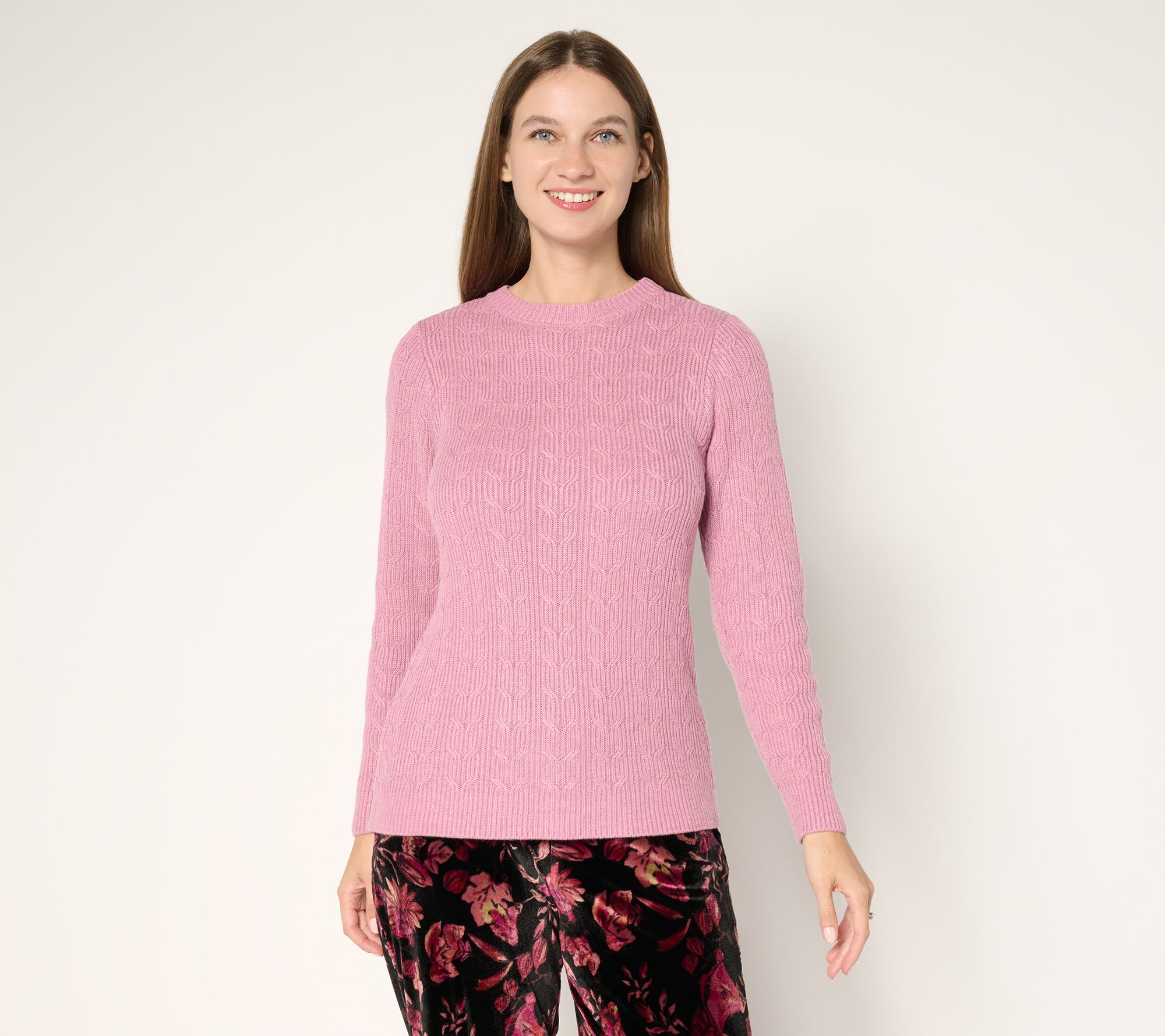 Susan Graver Heathered Crew Neck Cable Sweater