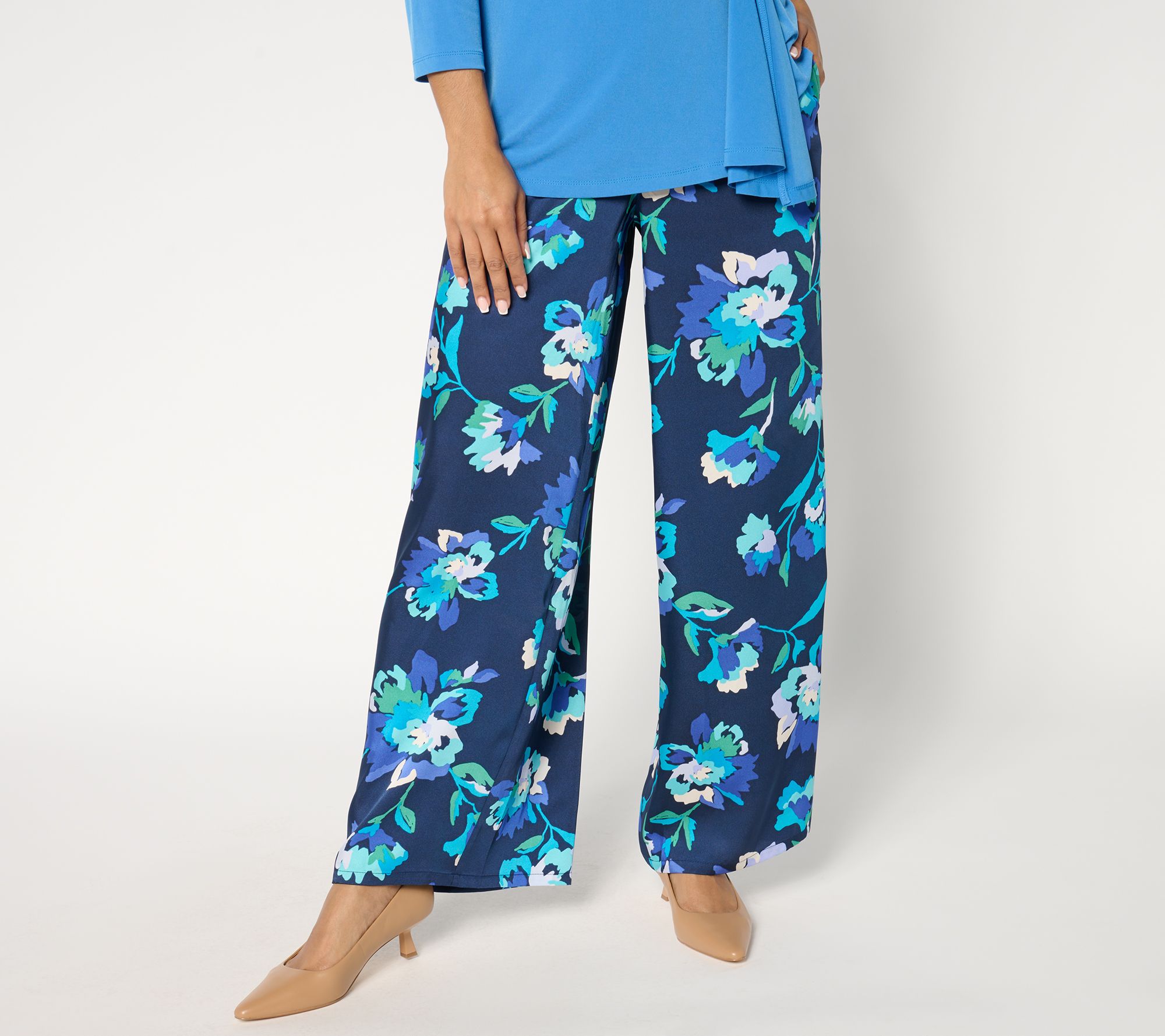 "As Is" Susan Graver Printed Satin Twill Reg Wide Leg Pull On Pants