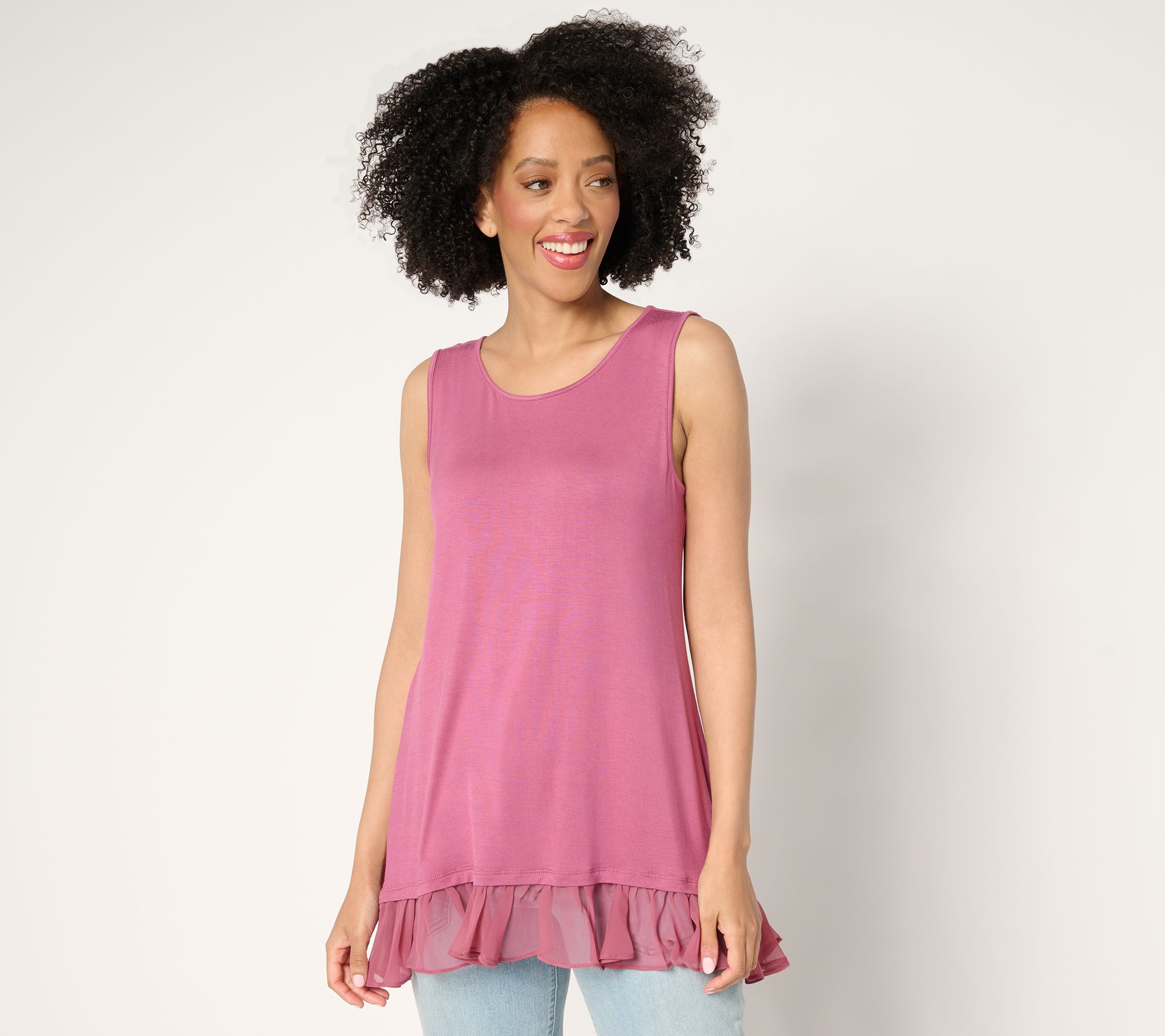 "As Is" LOGO Layers by Lori Goldstein Knit Tank with Hi- Low Chiffon Hem
