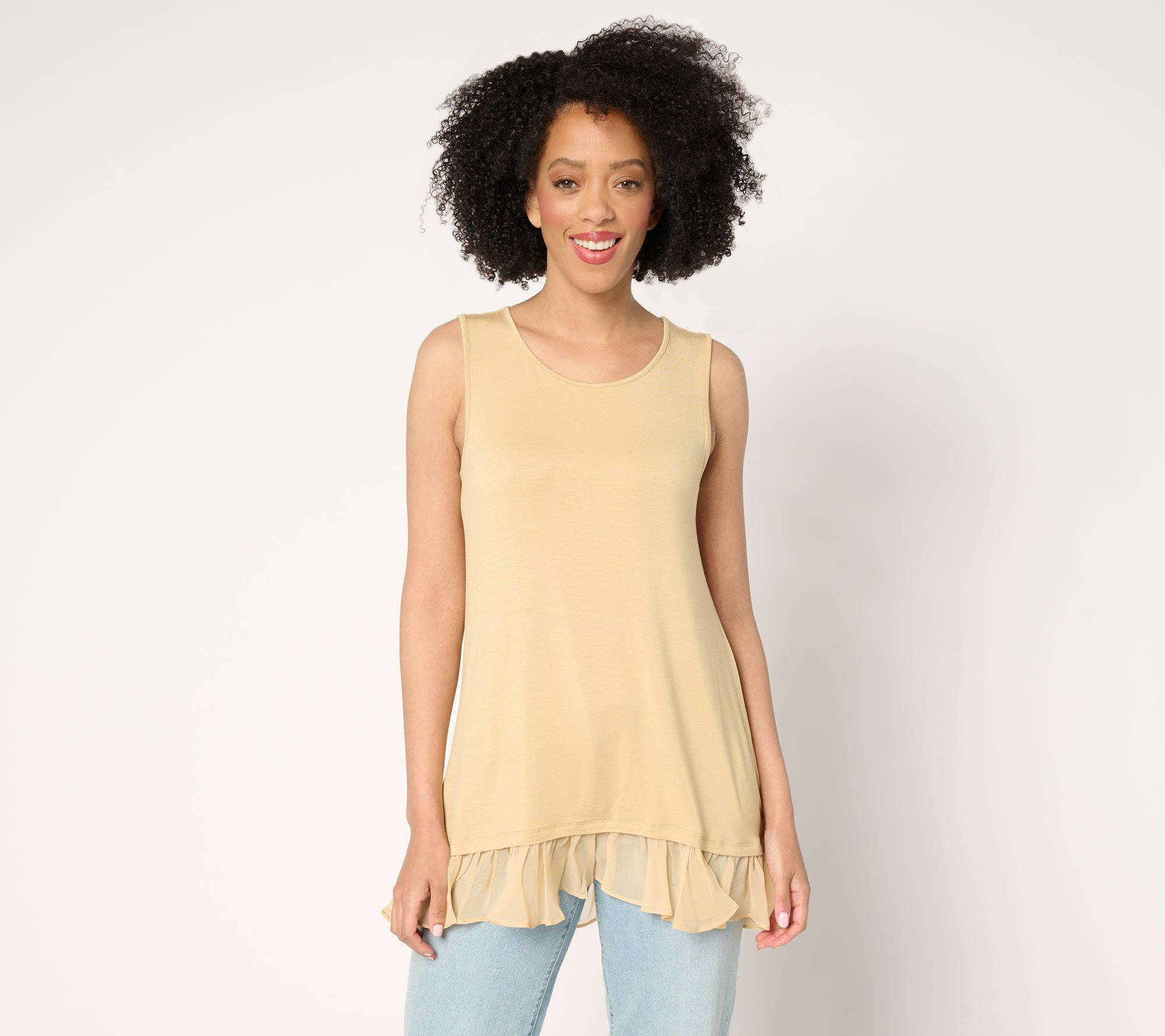 "As Is" LOGO Layers by Lori Goldstein Knit Tank with Hi- Low Chiffon Hem
