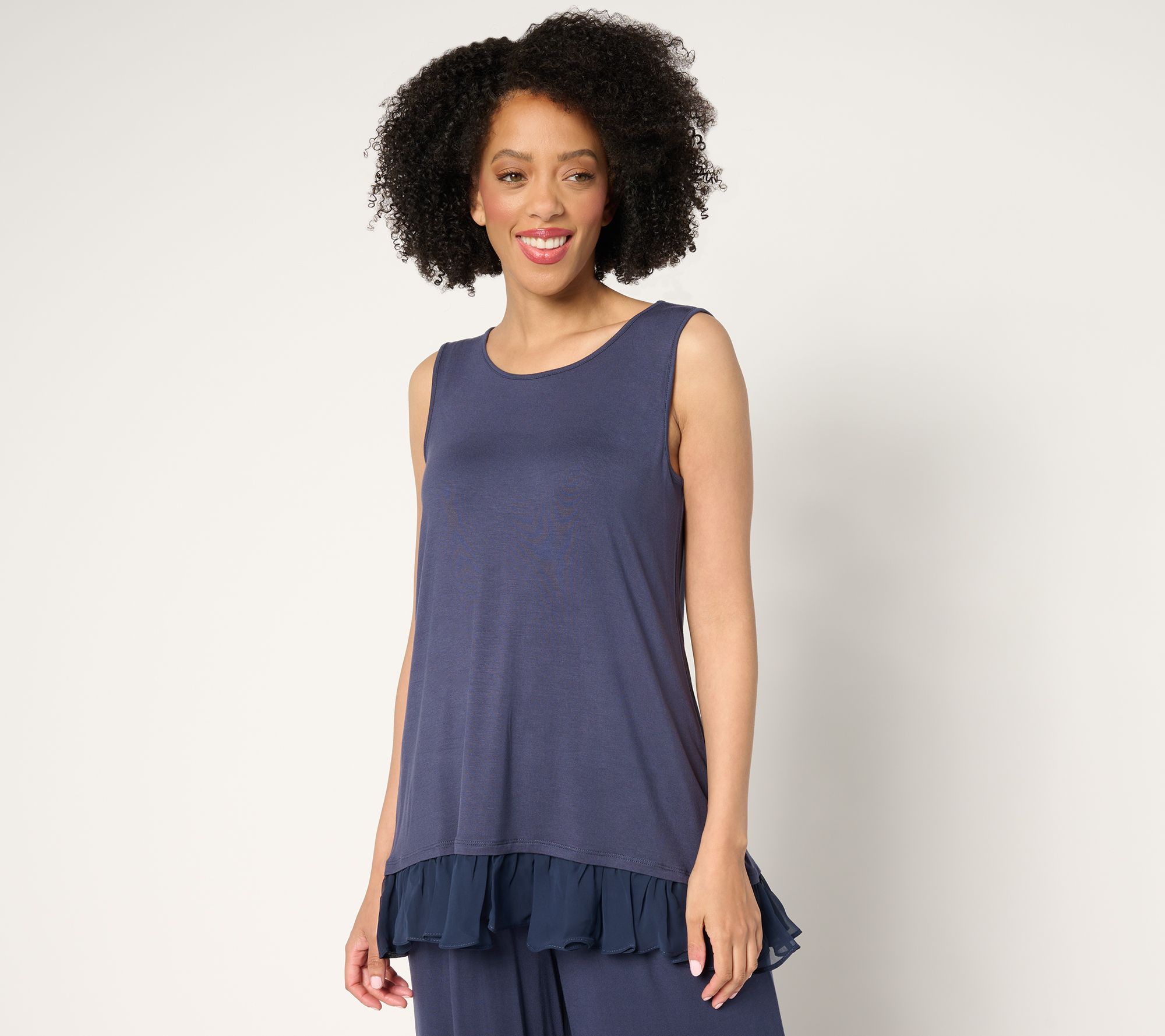 "As Is" LOGO Layers by Lori Goldstein Knit Tank with Hi- Low Chiffon Hem