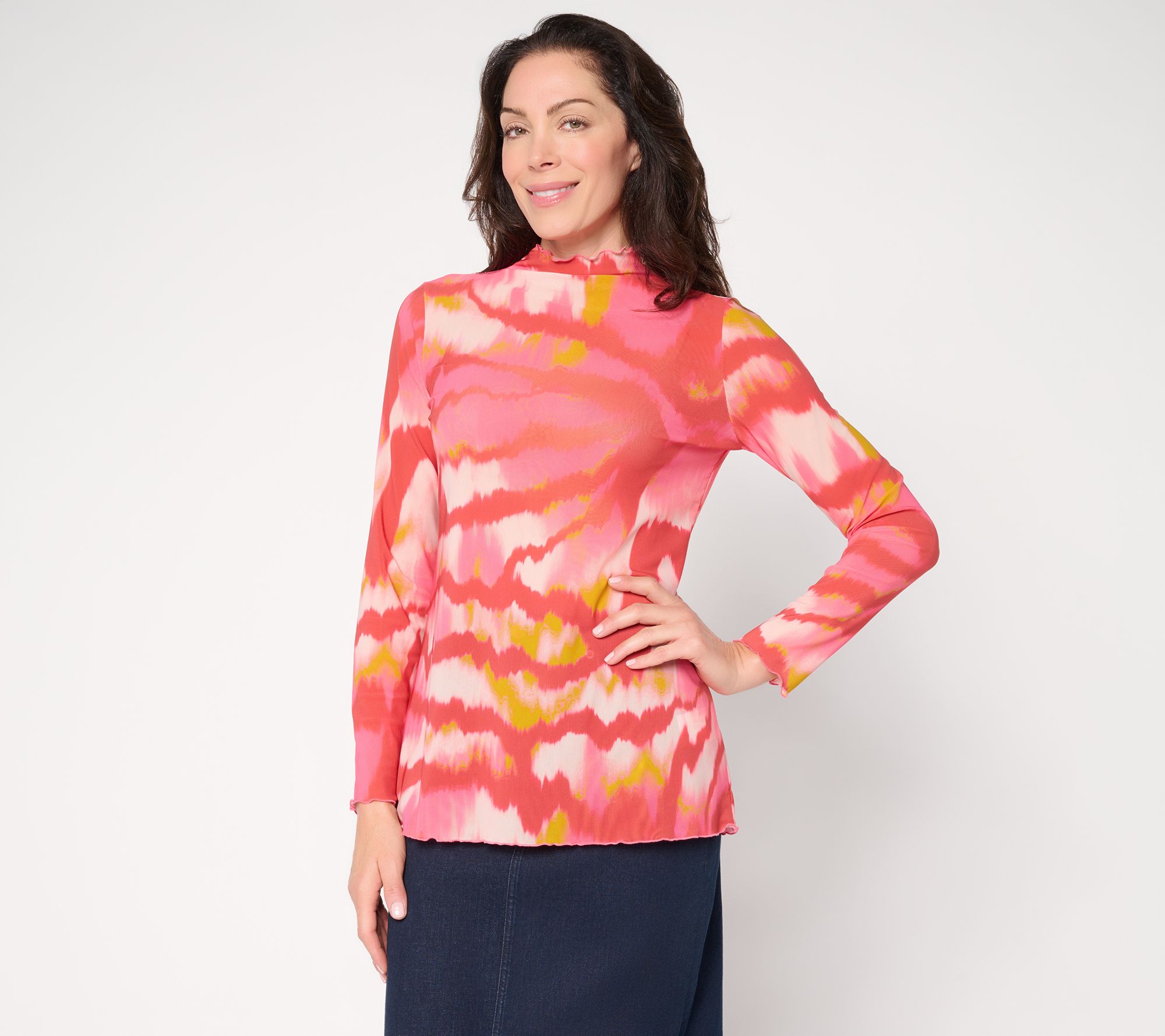 LOGO Layers by Lori Goldstein Lettuce Edge Printed Mesh Long Sleeve Top