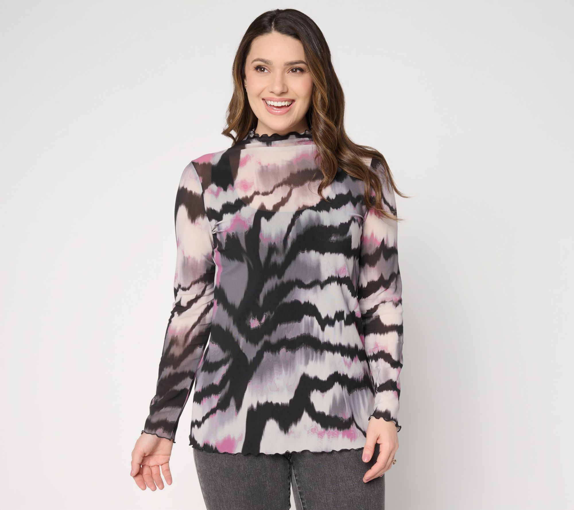 LOGO Layers by Lori Goldstein Lettuce Edge Printed Mesh Long Sleeve Top