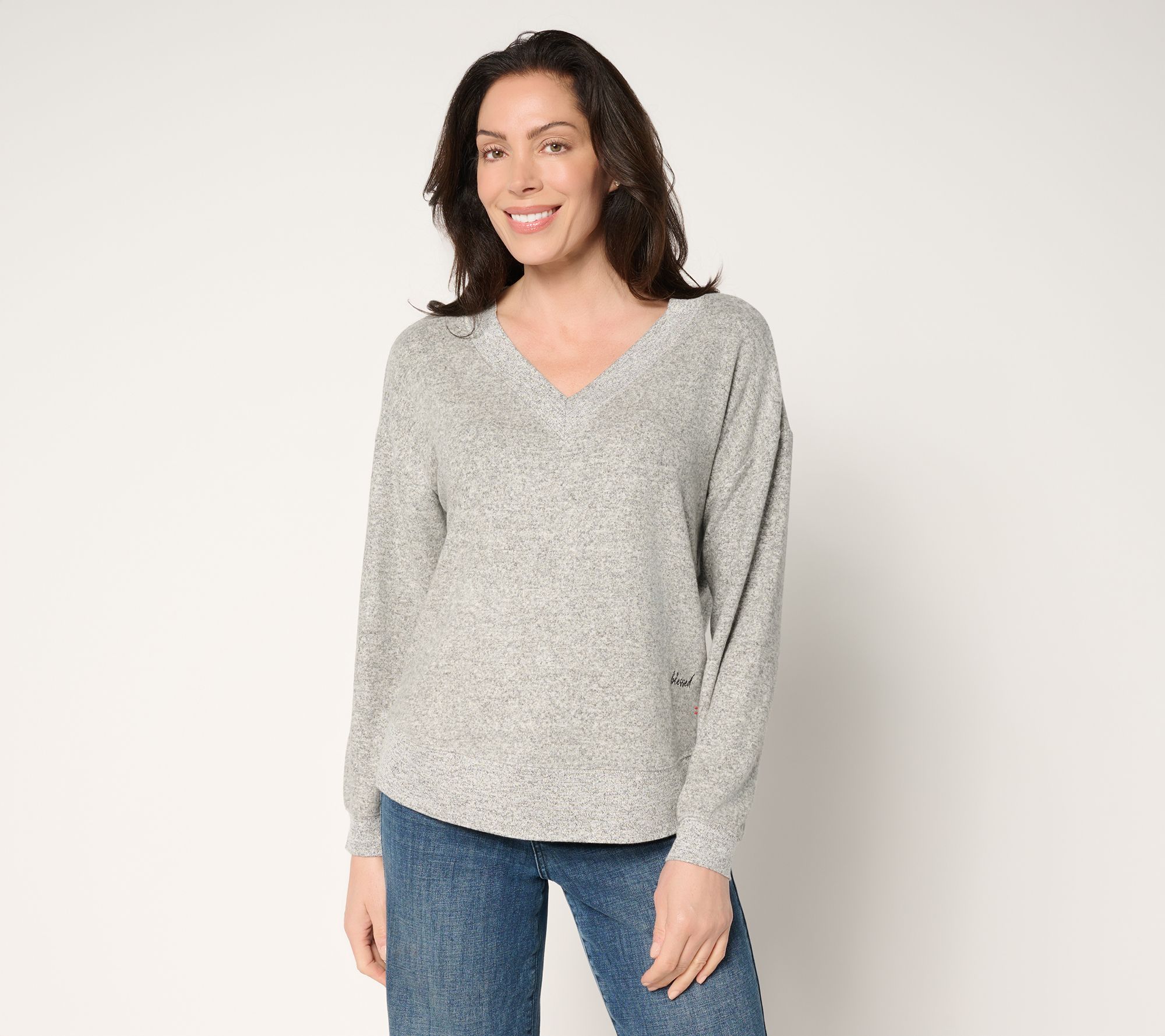 "As Is" Peace Love World Comfy V-Neck w/ Embroidered Affirmation