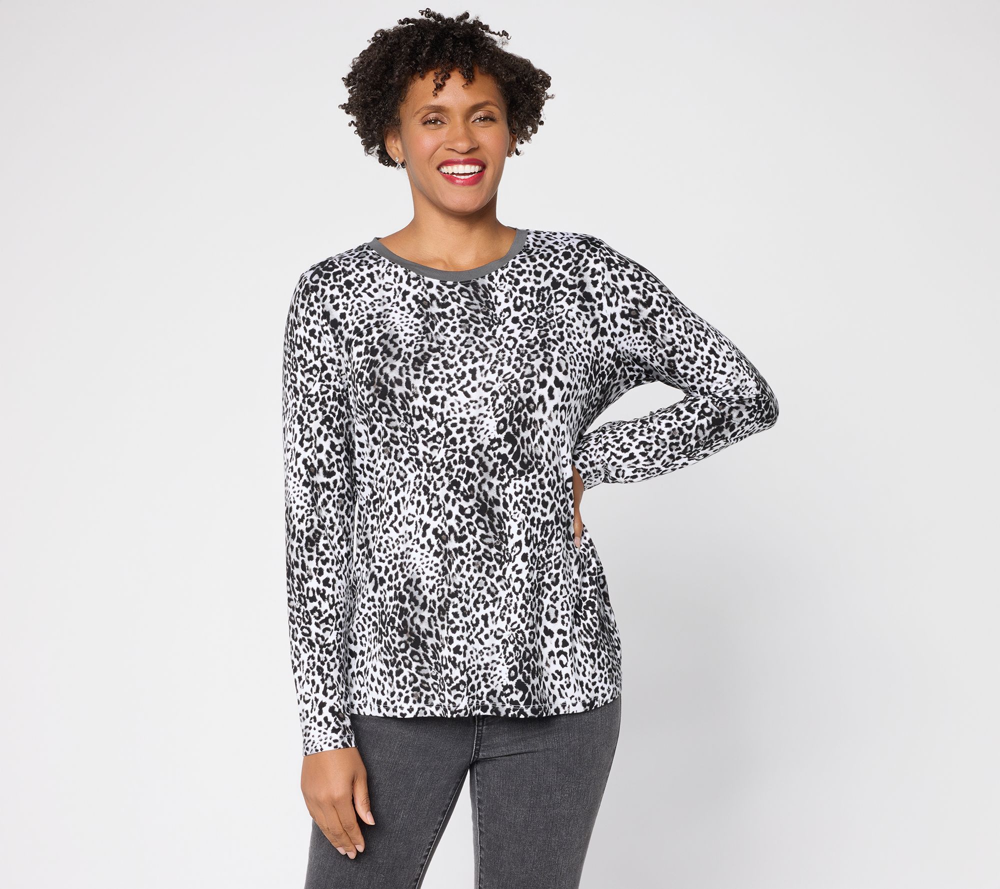 LOGO by Lori Goldstein Animal Print Solid Collar Long Sleeve Top