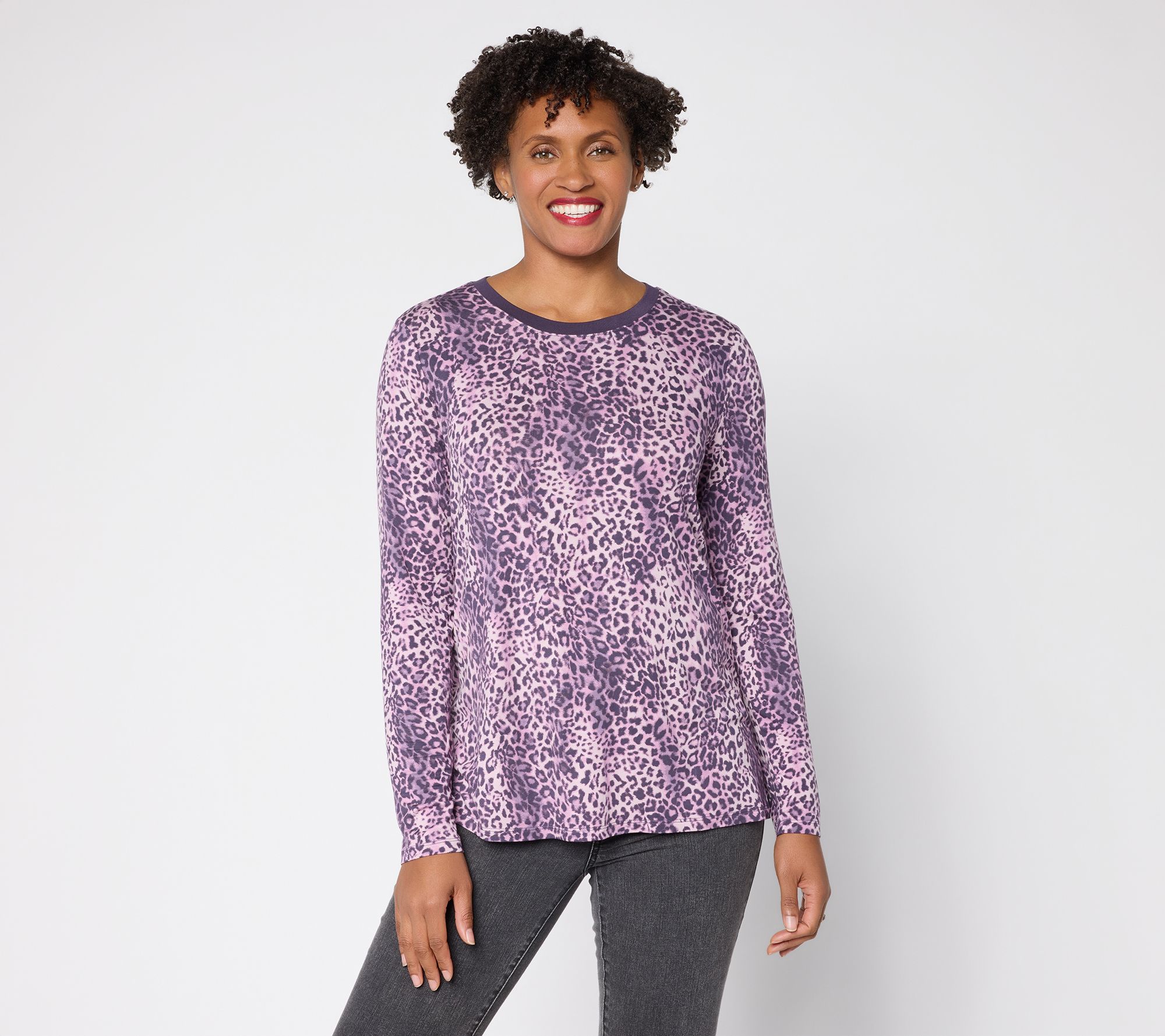 LOGO by Lori Goldstein Animal Print Solid Collar Long Sleeve Top