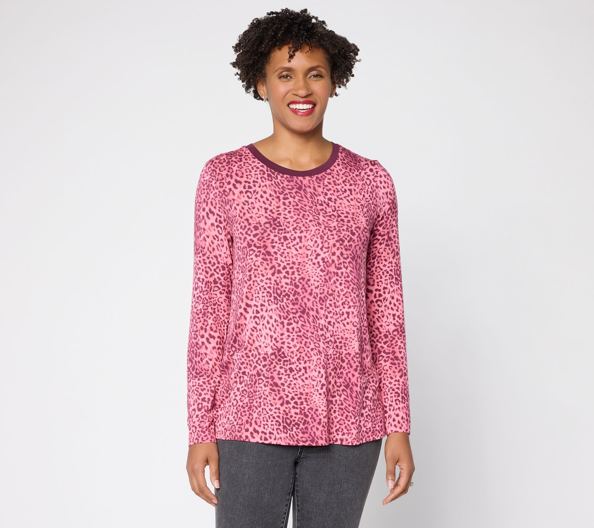 LOGO by Lori Goldstein Animal Print Solid Collar Long Sleeve Top