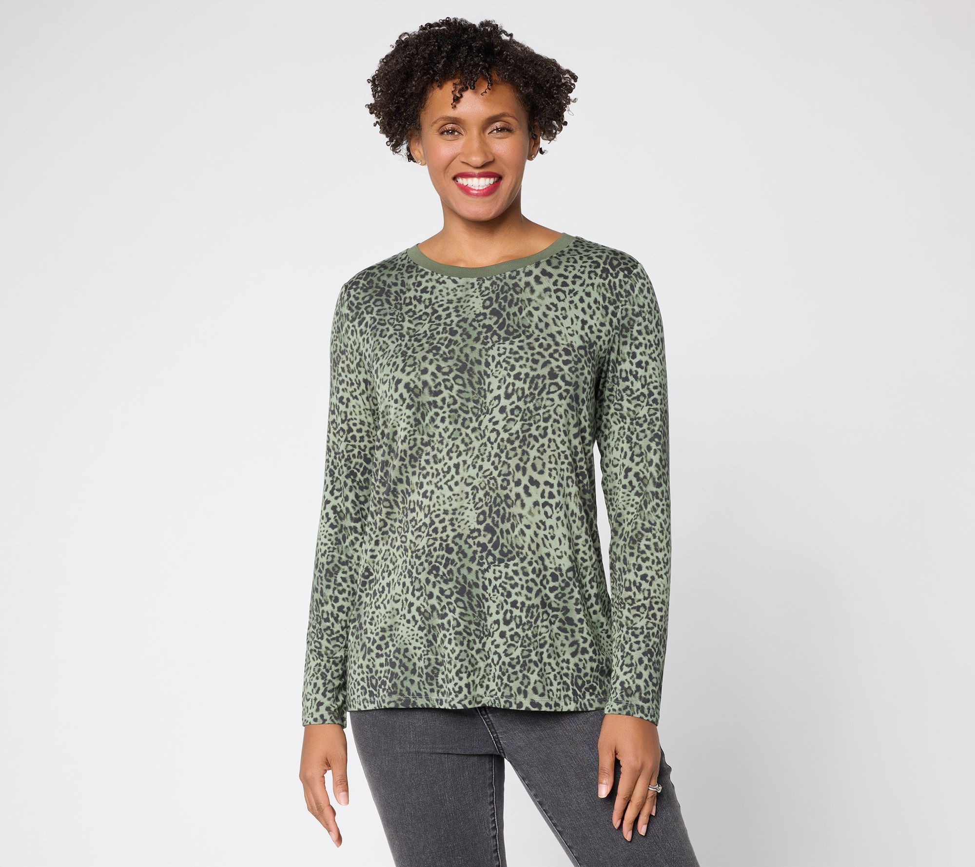 LOGO by Lori Goldstein Animal Print Solid Collar Long Sleeve Top