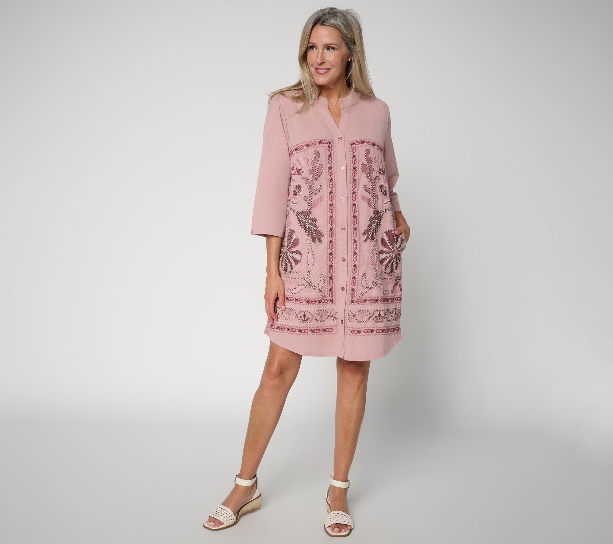  LOGO Lavish by Lori Goldstein Pet 3/4 Sleeve Embroidered Duster