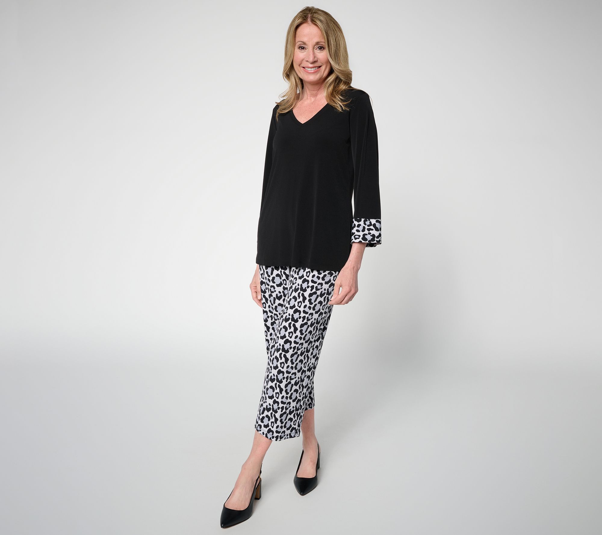 Susan Graver Regular Solid Liquid Knit Top & Printed Crop Pants Set
