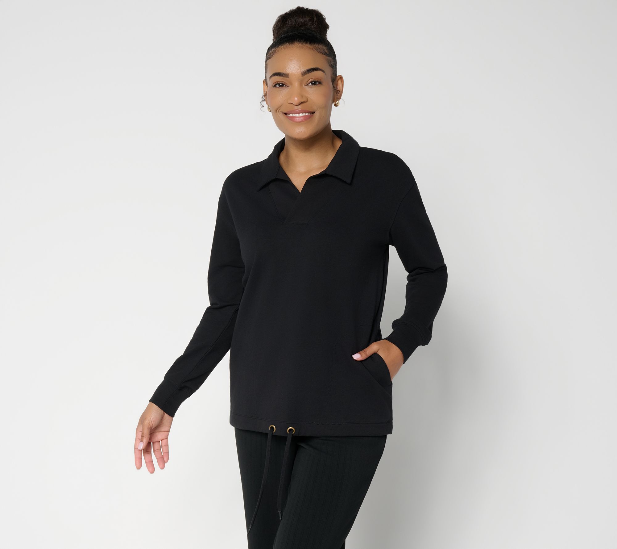Belle Body by Kim Gravel Frnch Terry Open Neck Drawstring Top