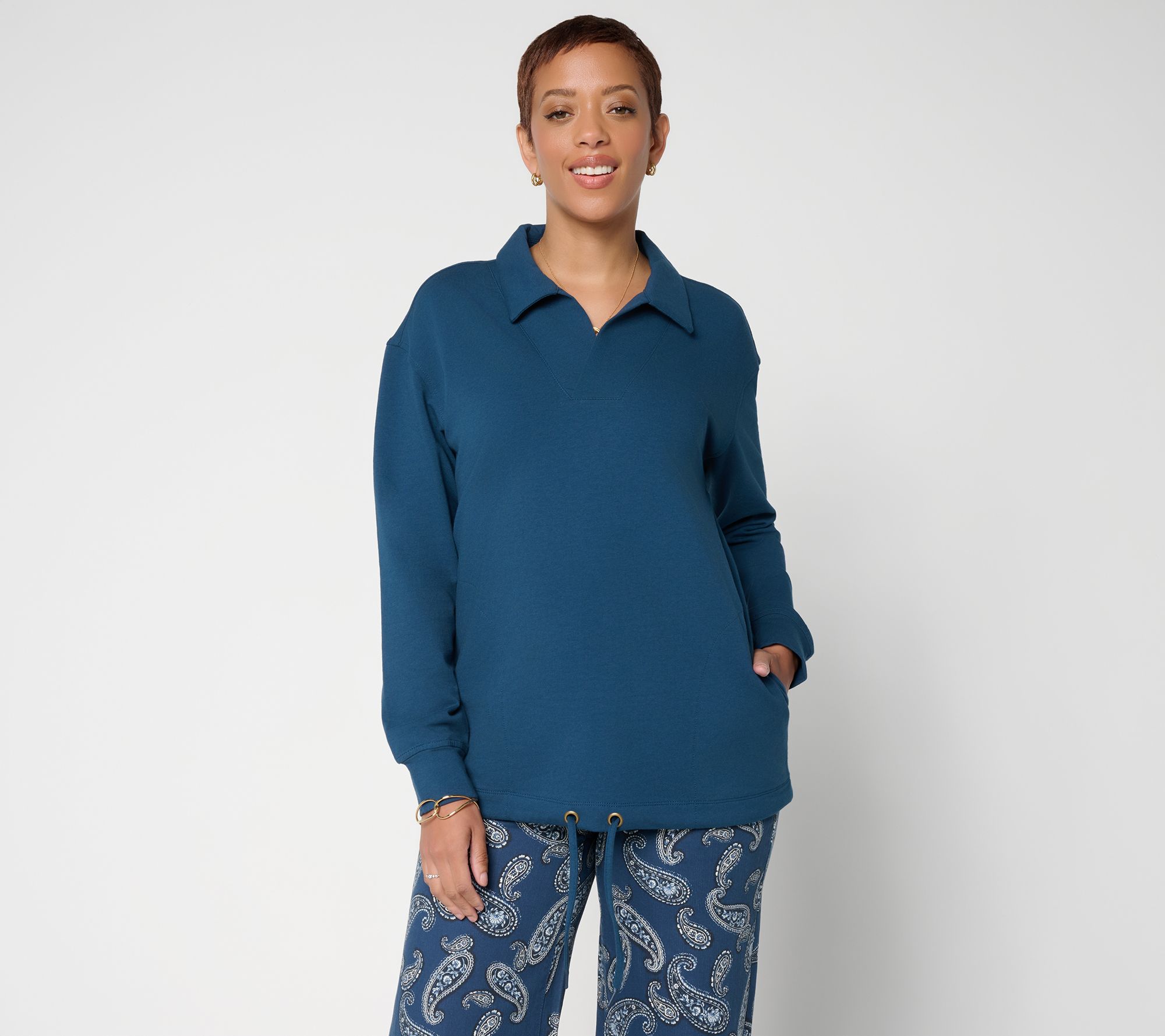 Belle Body by Kim Gravel Frnch Terry Open Neck Drawstring Top