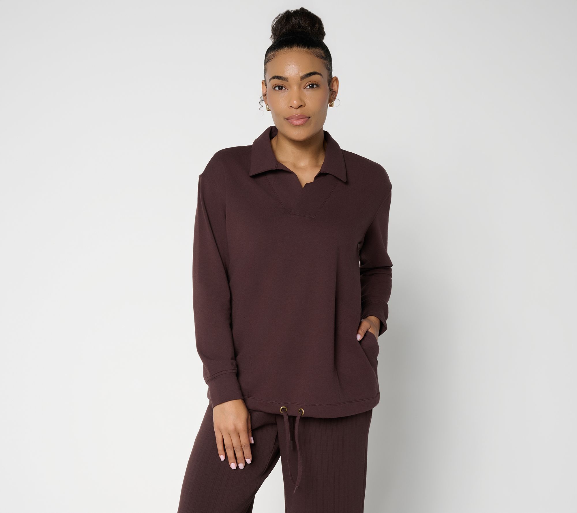 Belle Body by Kim Gravel Frnch Terry Open Neck Drawstring Top
