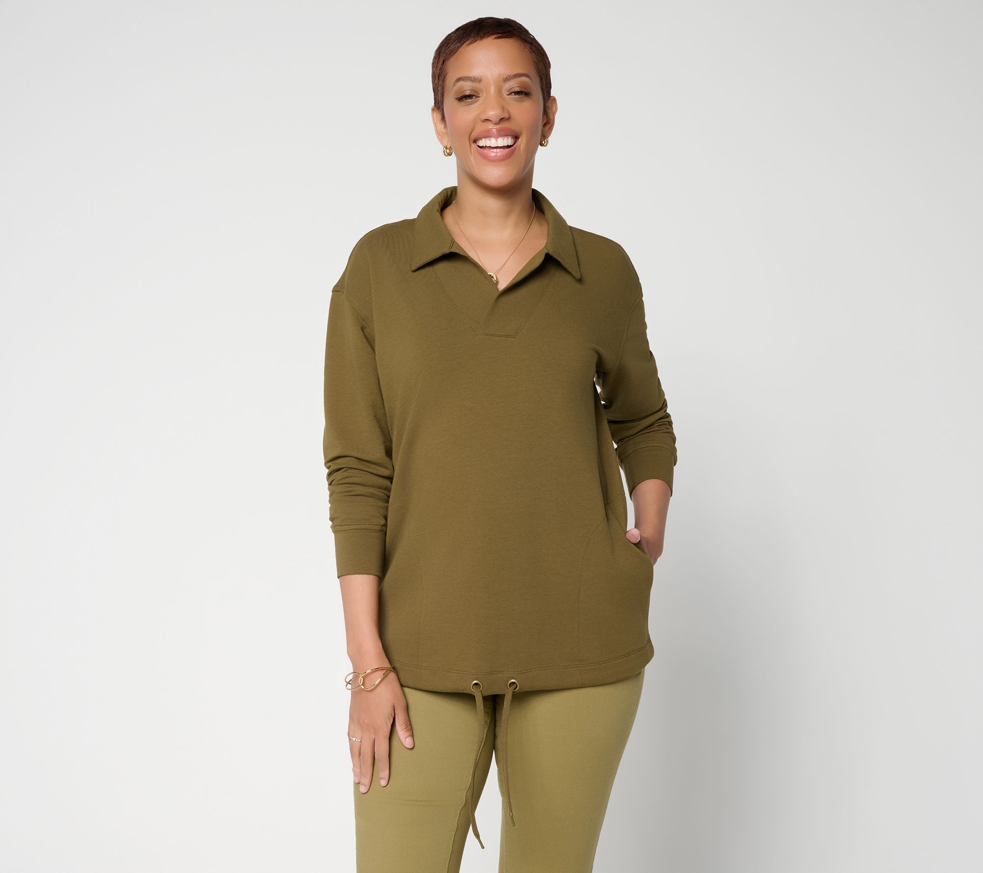 Belle Body by Kim Gravel Frnch Terry Open Neck Drawstring Top