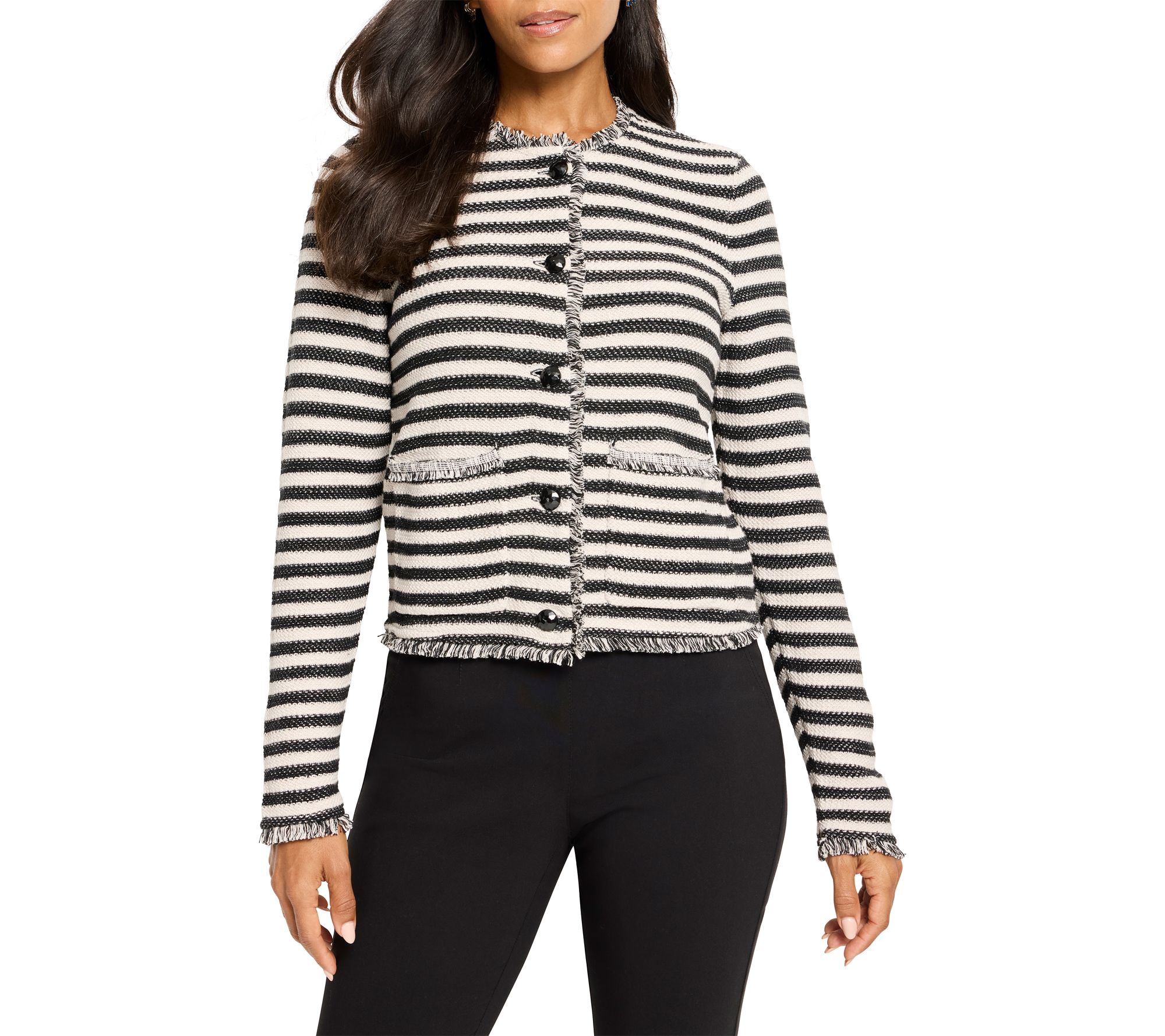 NIC+ZOE Striped Fringe Mix Femme Knit Jacket