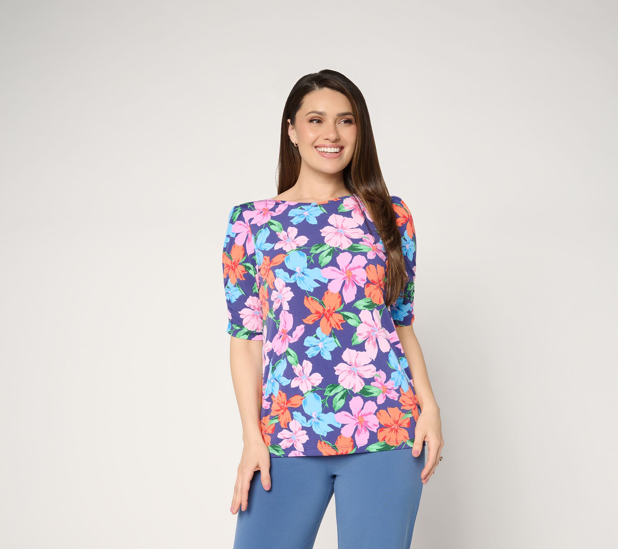 "As Is" Susan Graver Printed Liquid Knit Ruched Elbow Sleeve Top