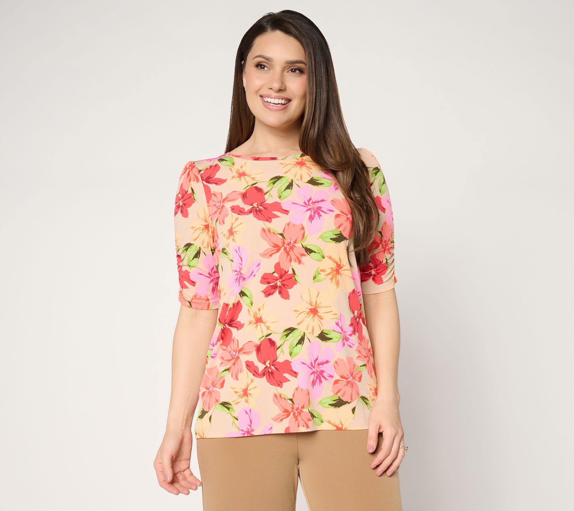 "As Is" Susan Graver Printed Liquid Knit Ruched Elbow Sleeve Top