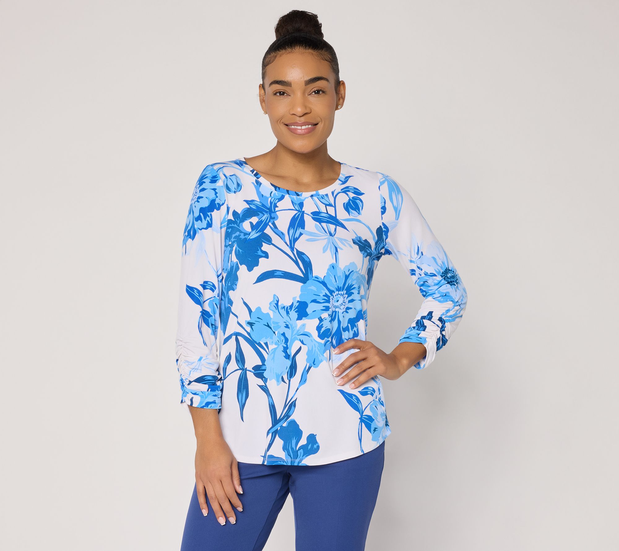 "As Is" Susan Graver Printed Liquid Knit Top with Shirttail Hem