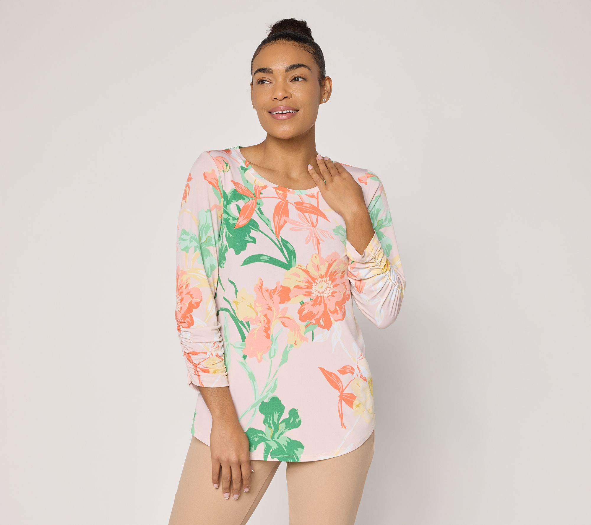 "As Is" Susan Graver Printed Liquid Knit Top with Shirttail Hem