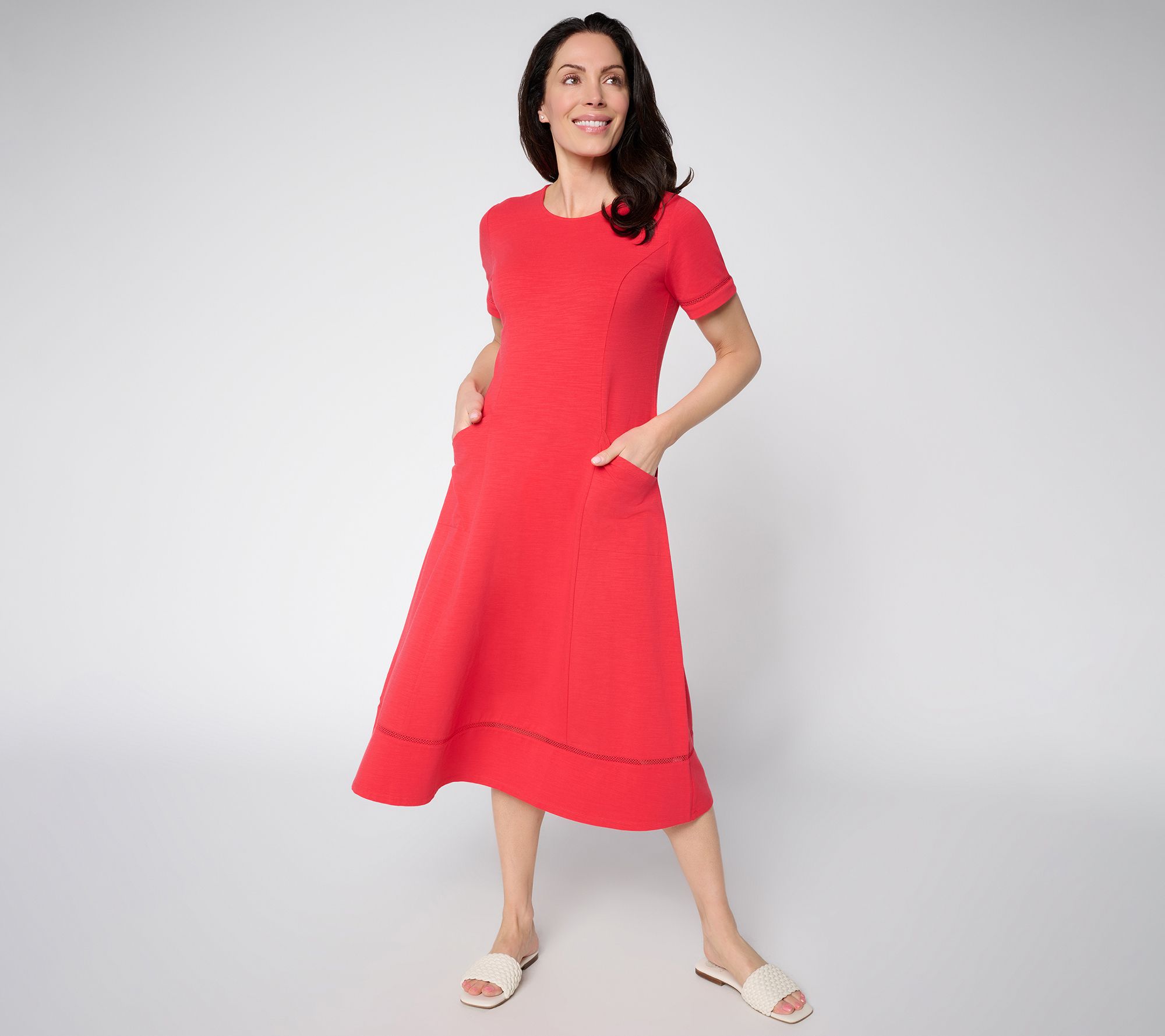 "As Is" Joan Rivers Petite Crew Neck Cotton Slub Midi Dress