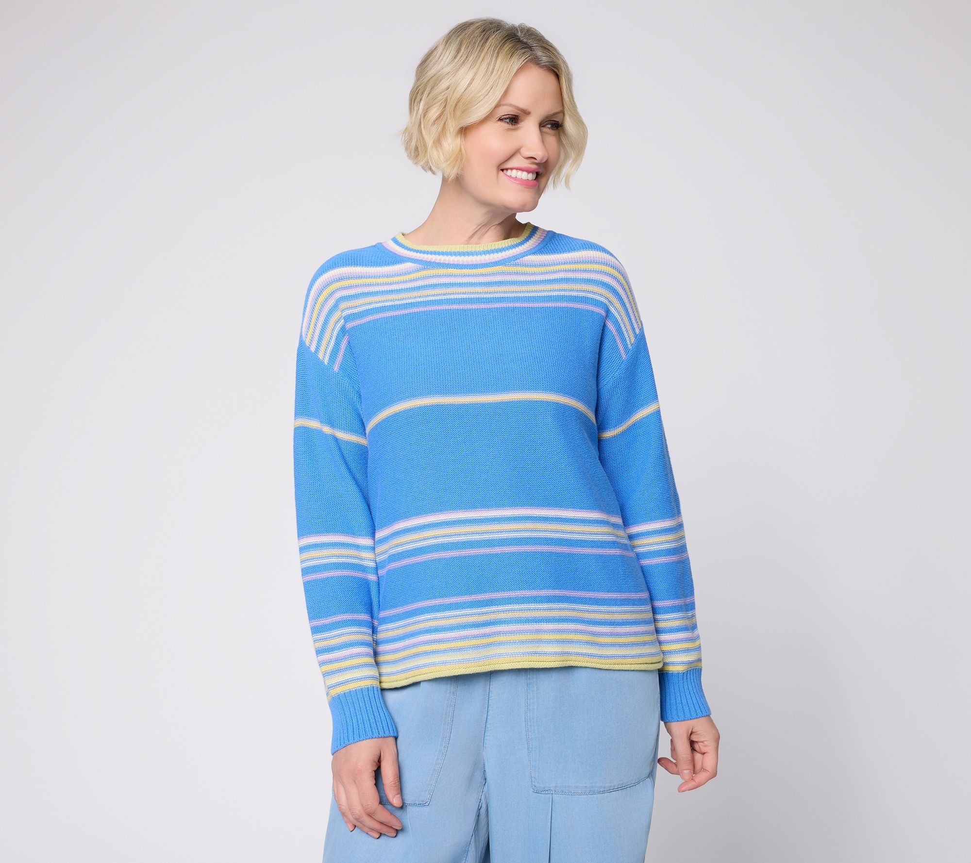 "As Is" Peace Love World Striped Cotton Crew Neck Sweater