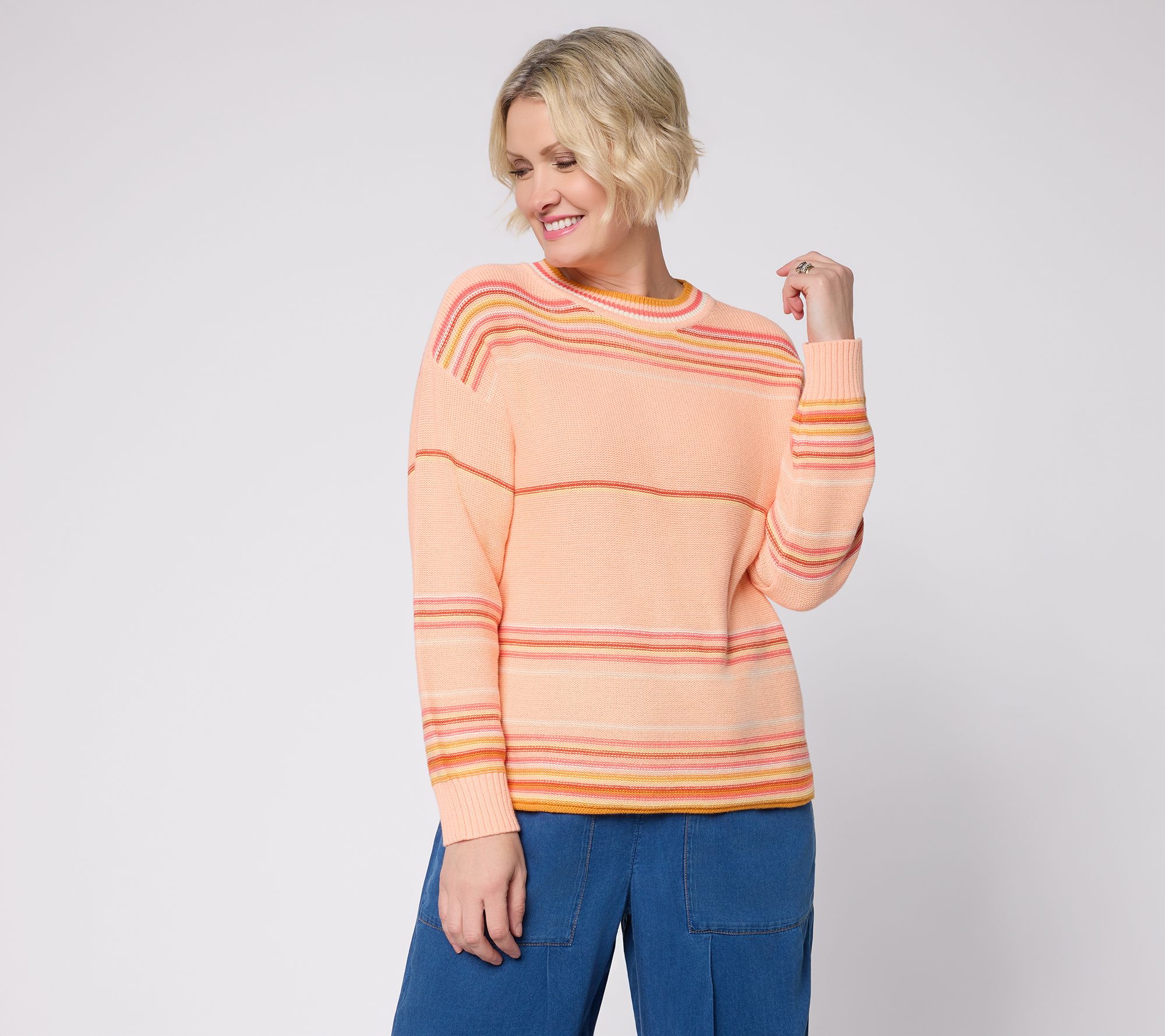 "As Is" Peace Love World Striped Cotton Crew Neck Sweater