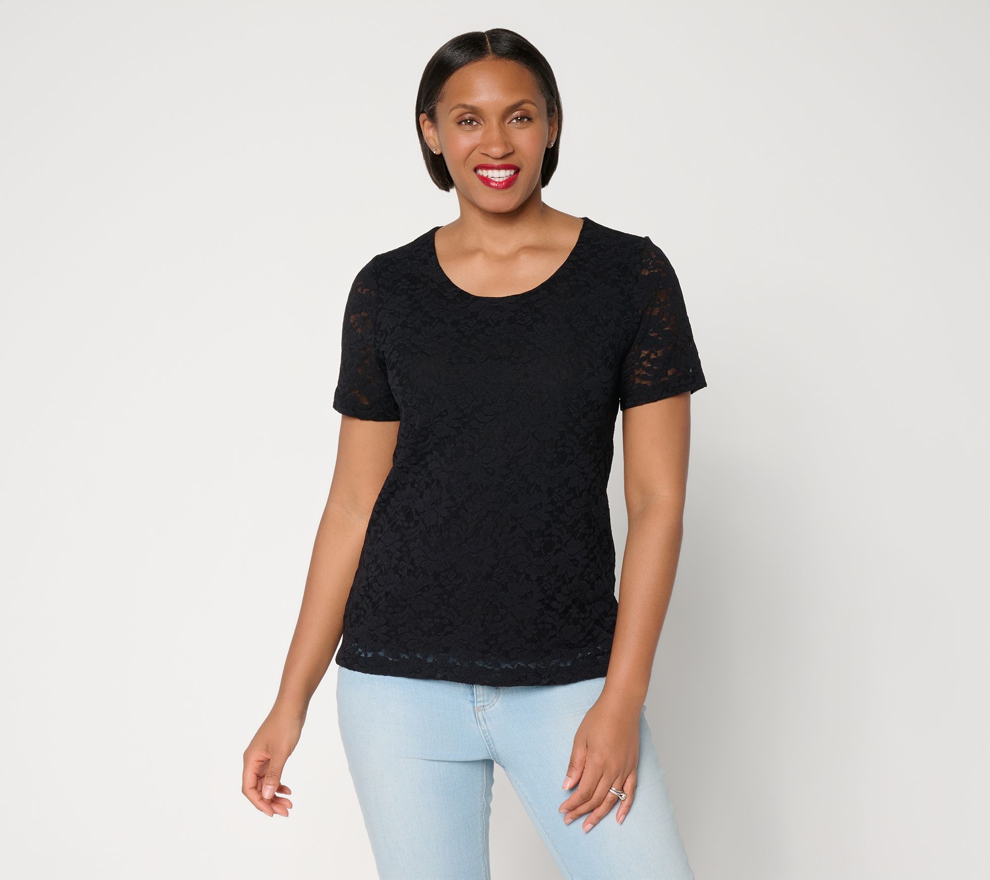 "As Is" Susan Graver Stretch Knit Lace Short Sleeve Top